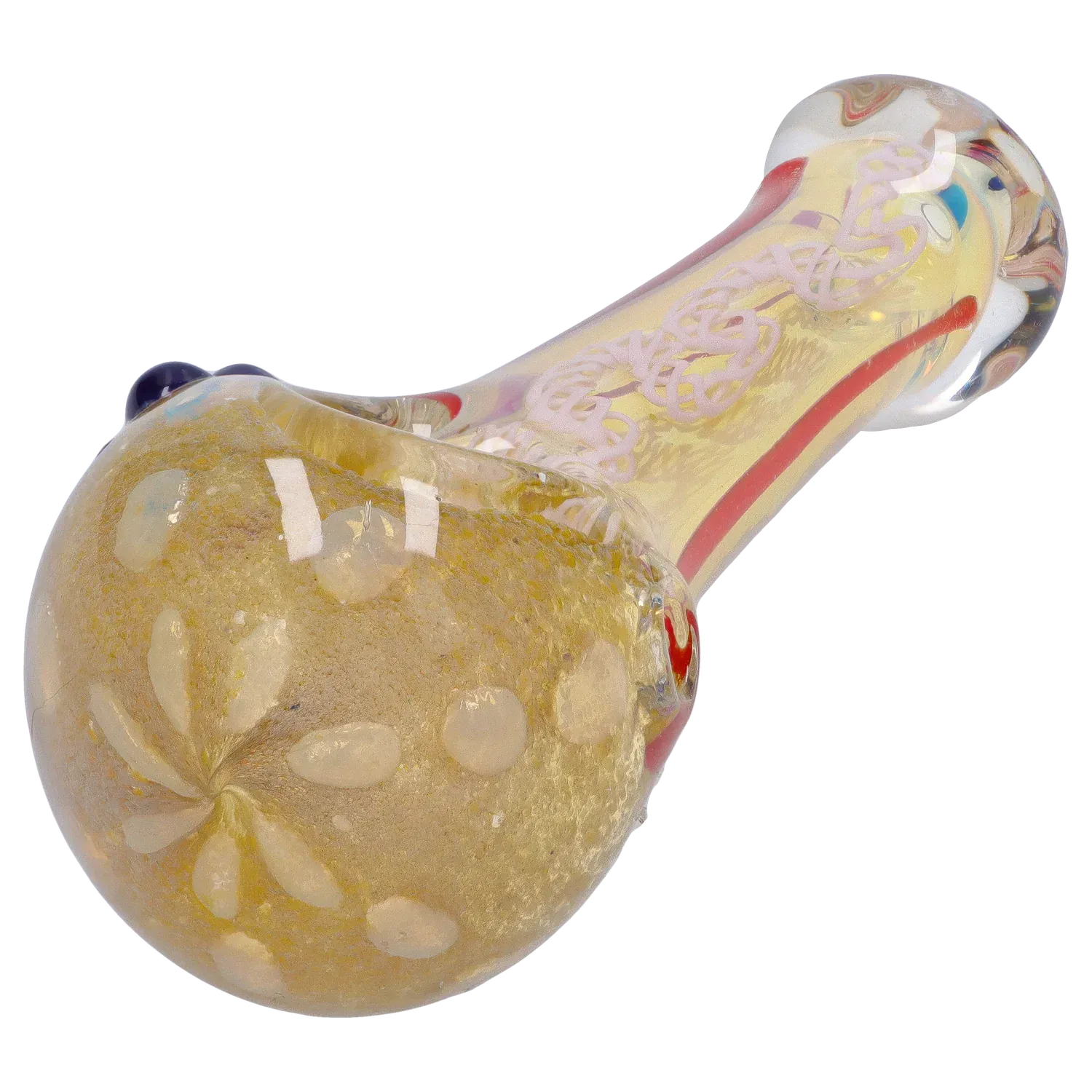 Angled close-up of the DHC Frit Spoon Pipe - 5 in. showing its rounded bowl with pale floral frit patterns and a swirled, translucent stem.
