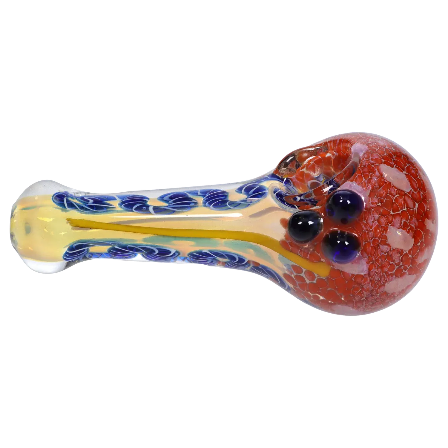 Side view of the DHC Frit Spoon Pipe - 5 in., showing a clear stem with blue ribbon twists and a red frit-textured bowl with glass marbles.
