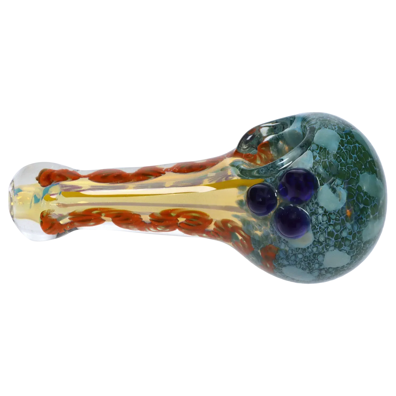Side view of the DHC Frit Spoon Pipe - 5 in., showing a glass spoon pipe with a teal frit-patterned bowl, three raised cobalt dots, and an amber stem with twisted red lines.