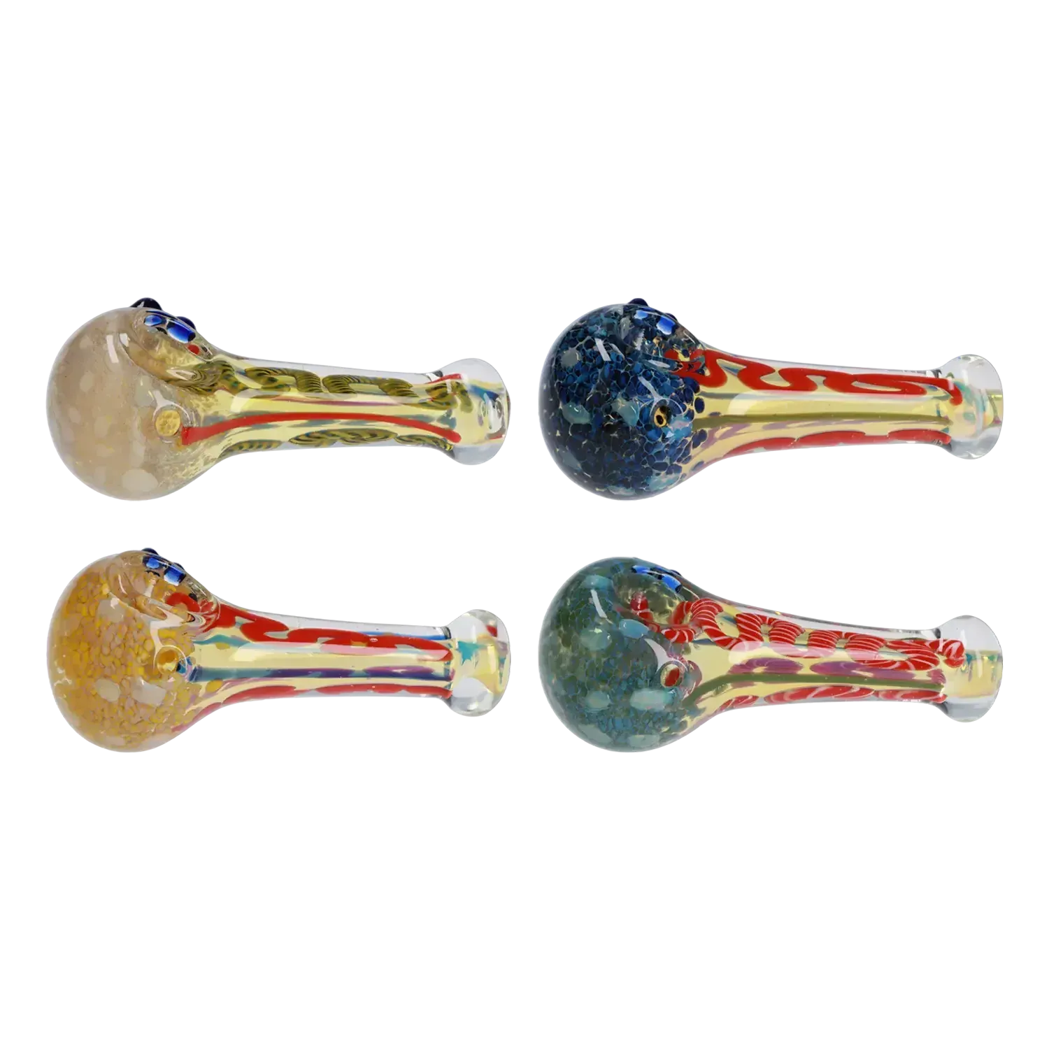 Top-down view of four colorful glass DHC Frit Spoon Pipe - 5 in. pieces arranged in a two-by-two grid showing swirled red and yellow internal cane patterns and textured frit bowls.