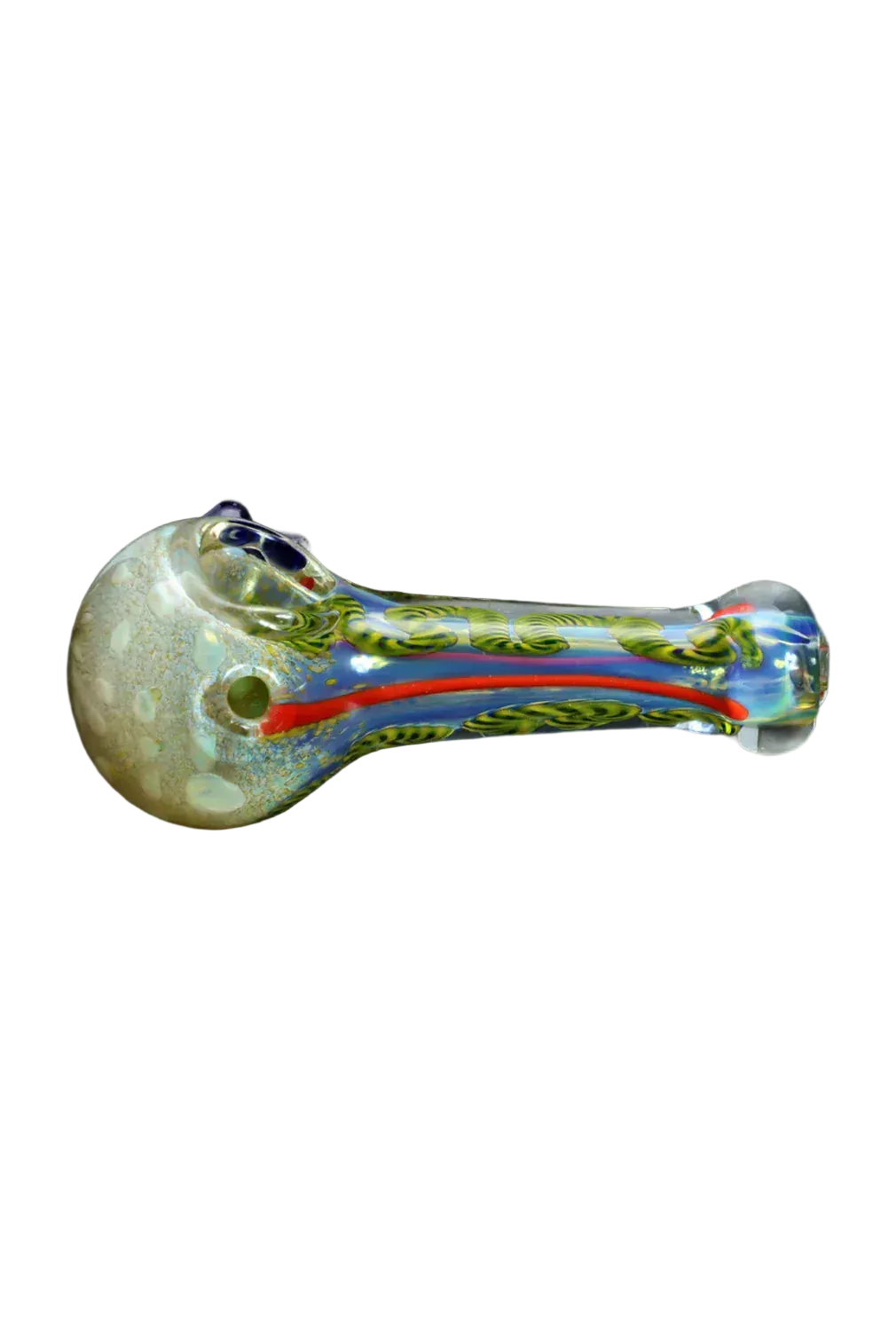 Side view of the DHC Frit Spoon Pipe - 5 in. showing a glass spoon pipe with a rounded bowl, blue body, red stripe and twisted green cane decoration against a black background