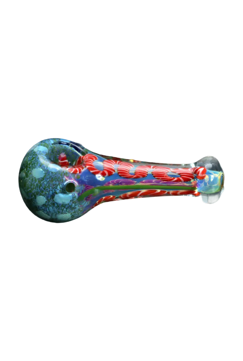 Side view of the DHC Frit Spoon Pipe - 5 in. showing a blue-green rounded bowl and a glossy stem with red twisted cane pattern on a black background