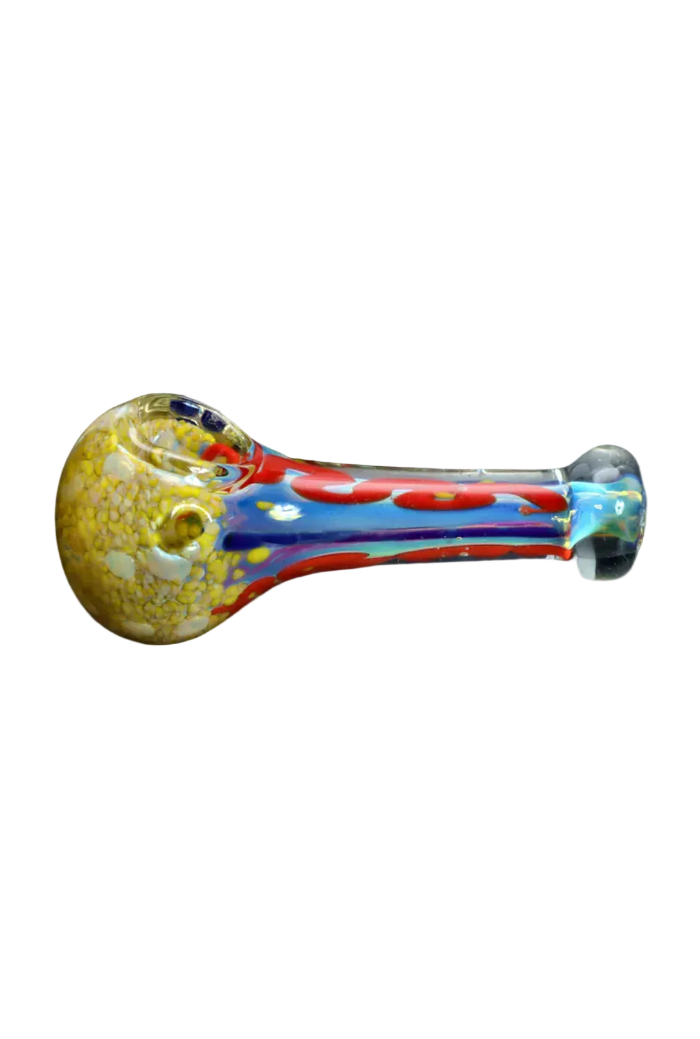 Side view of the DHC Frit Spoon Pipe - 5 in. showing a clear glass body with red and blue swirl accents and a yellow speckled bowl on a black background