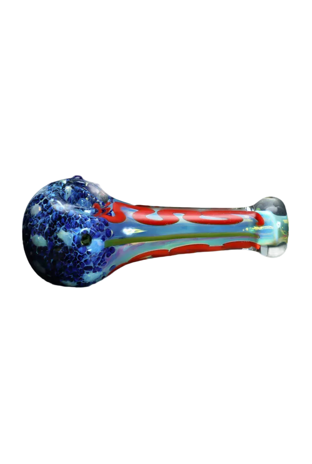 Side view of the DHC Frit Spoon Pipe - 5 in. showing a bulbous blue frit bowl and a teal-tinted stem with red ribbon-like trails on a black background