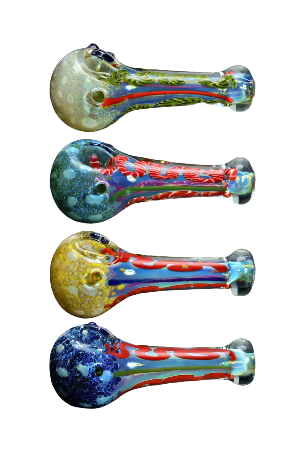 Top-down view of four colorful DHC Frit Spoon Pipe - 5 in. glass handpipes arranged vertically on a black background, each showing distinct frit patterns.