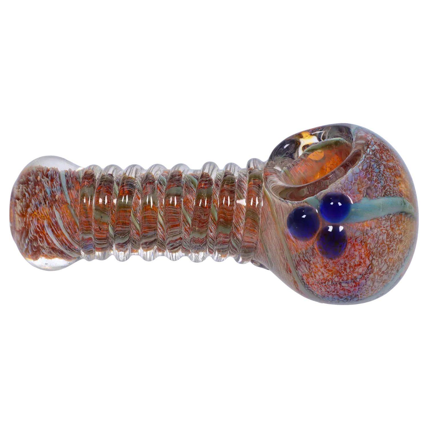 Side profile of the DHC Twisty Wrap Spoon Pipe - 5in. showing a ribbed, twisted glass stem and a rounded bowl with three raised cobalt-blue dots.