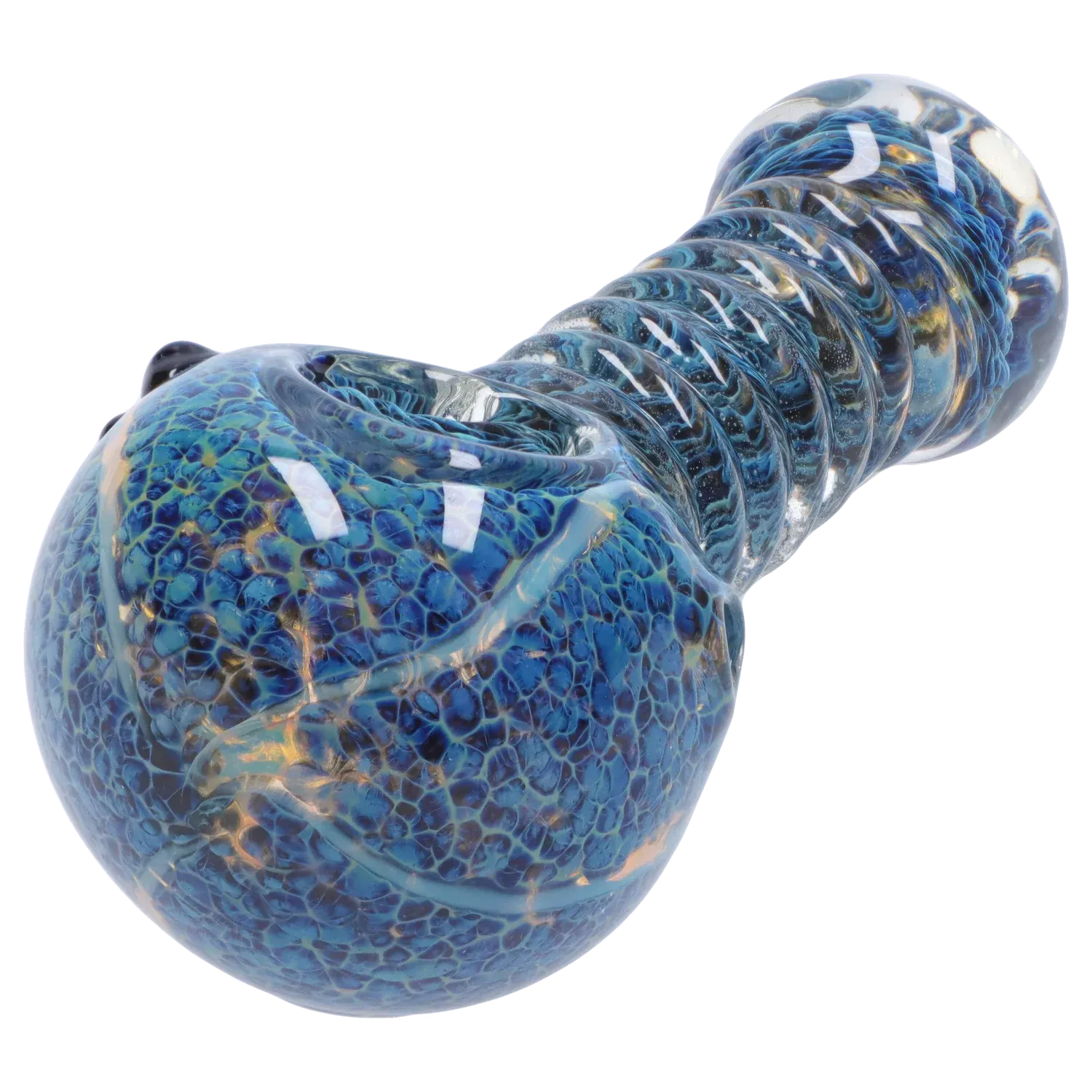 Angled close-up of the blue, textured glass DHC Twisty Wrap Spoon Pipe - 5in. showing the ribbed stem and bulbous bowl.