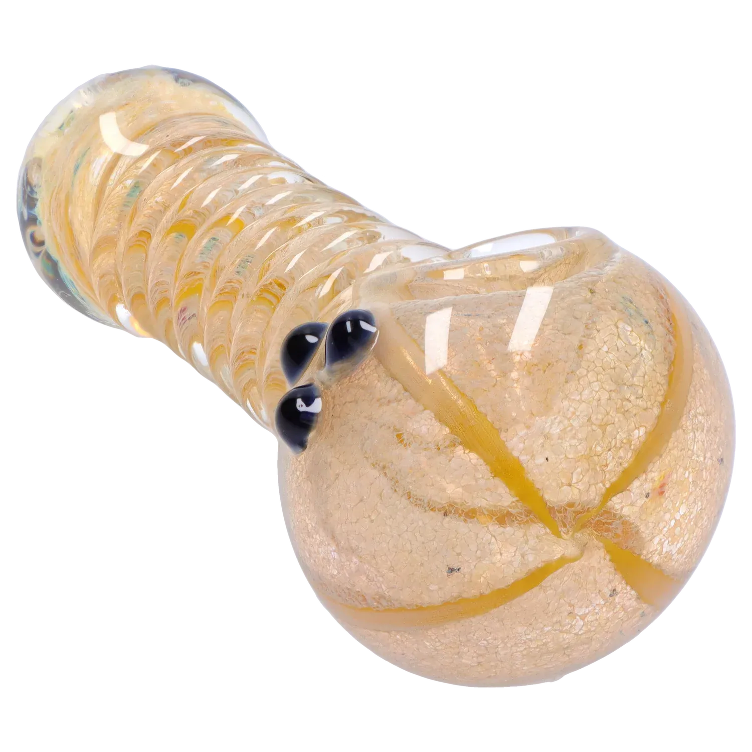 Close-up angled view of the DHC Twisty Wrap Spoon Pipe - 5in. showing its pale amber twisted glass body and three small dark glass beads near the rounded bowl.
