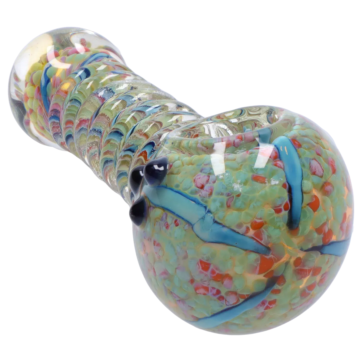 Close-up angled view of the multicolored glass DHC Twisty Wrap Spoon Pipe - 5in. showing its twisted ridges and glossy bowl.