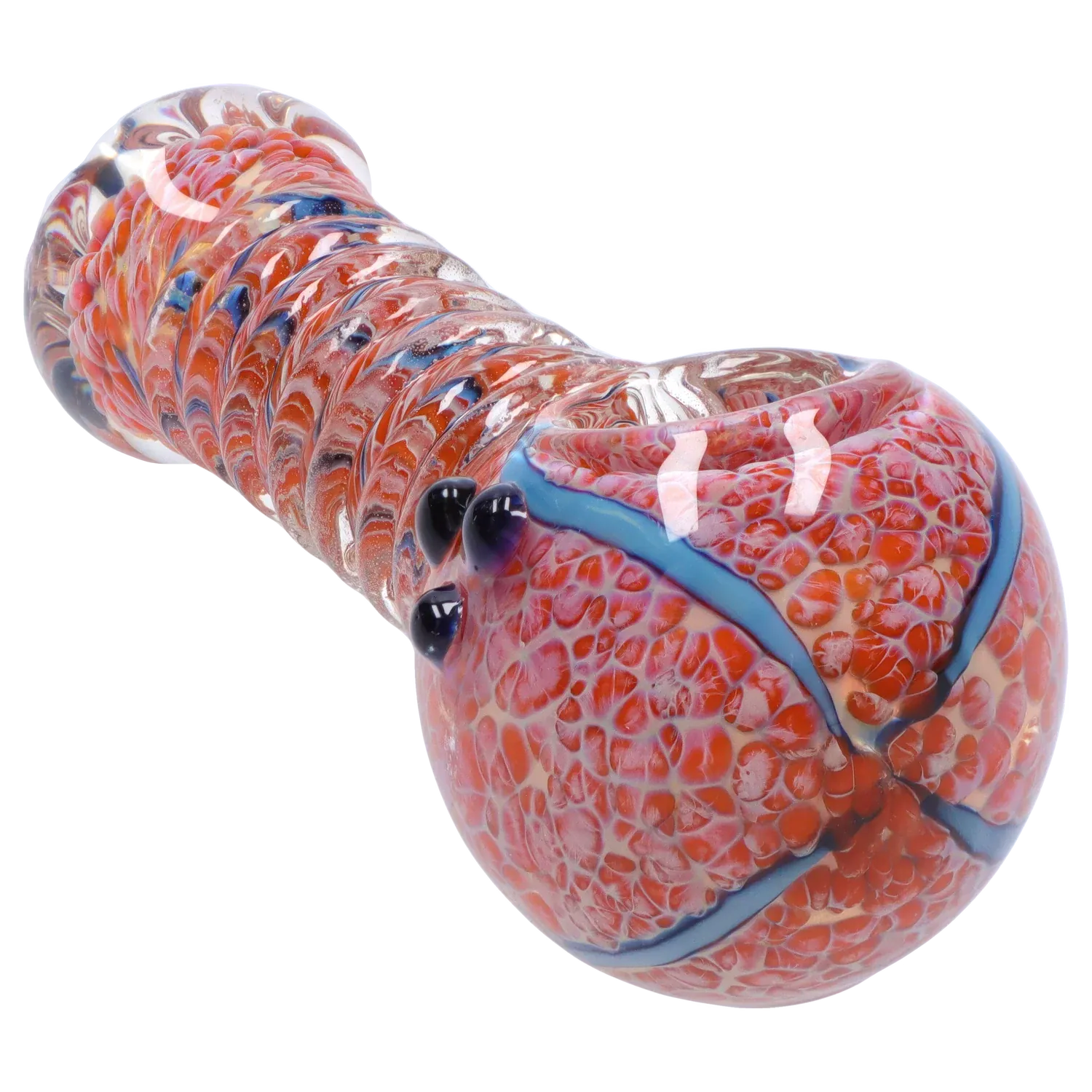 Close-up angled view of the DHC Twisty Wrap Spoon Pipe - 5in. showing its red textured glass body with blue ribbon accents and glossy highlights