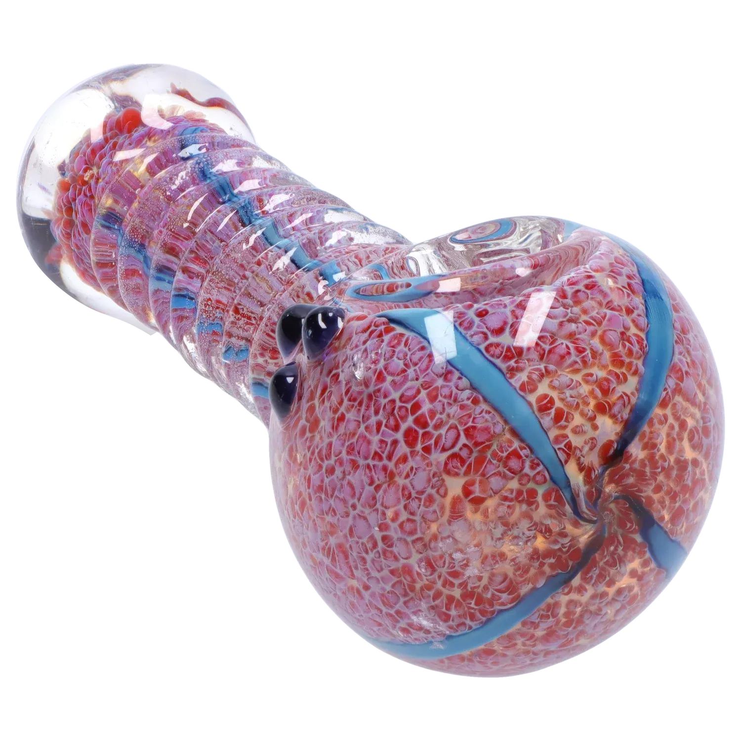 Close-up oblique view of the DHC Twisty Wrap Spoon Pipe - 5in. showing its pink-red textured glass body with blue swirl accents and glossy raised nubs.