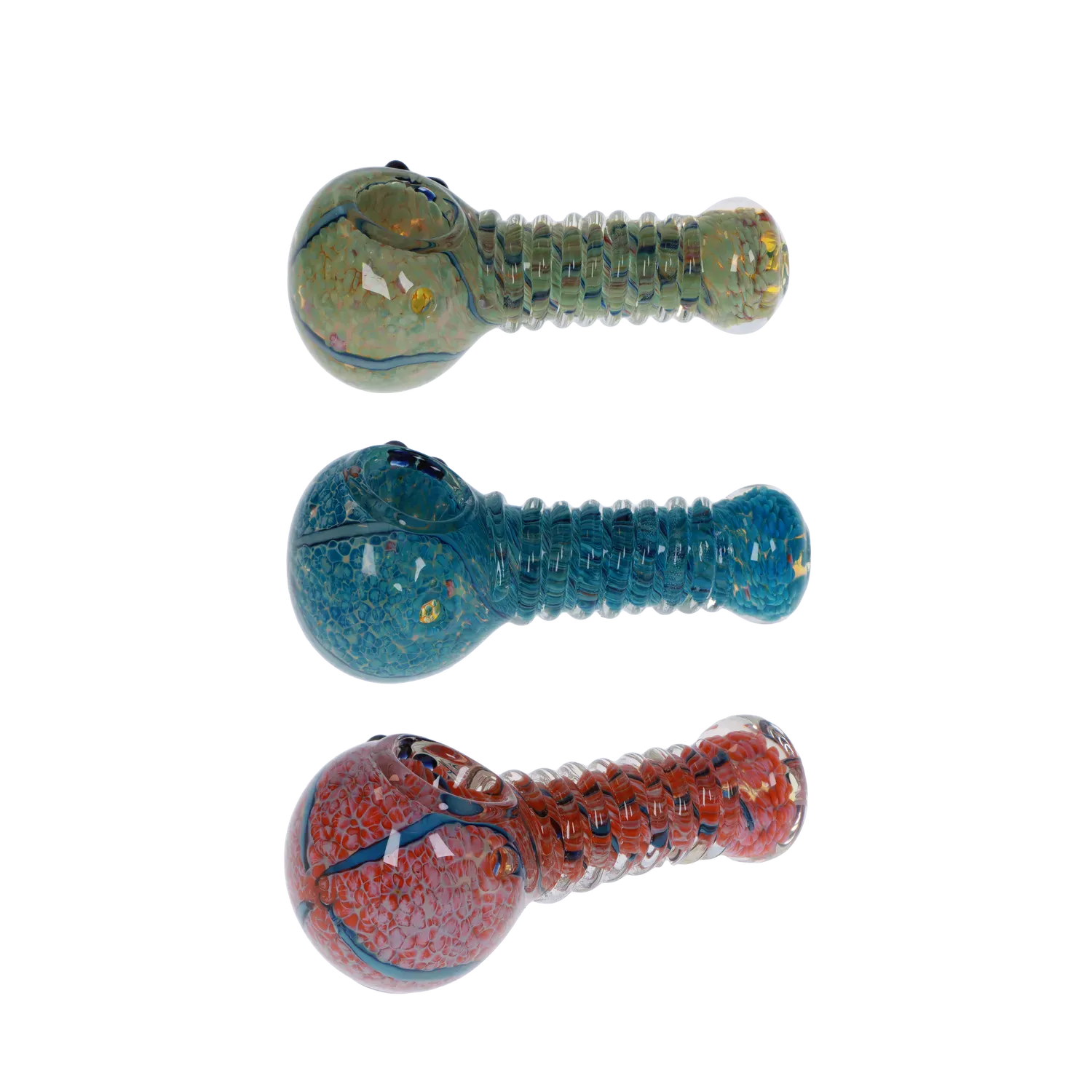 Top-down view of three colored DHC Twisty Wrap Spoon Pipe - 5in. glass pipes aligned vertically on a white background, showing ribbed handles and mottled bowls.