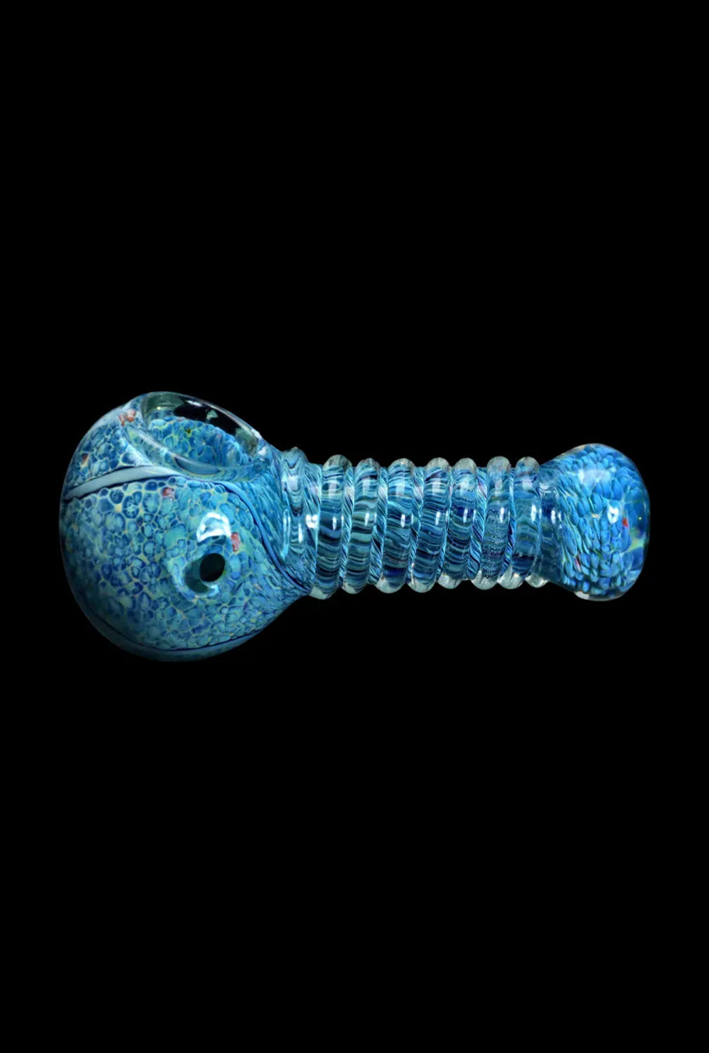 Side profile of the blue, textured DHC Twisty Wrap Spoon Pipe - 5in. against a black background, showing its ribbed handle and rounded bowl.