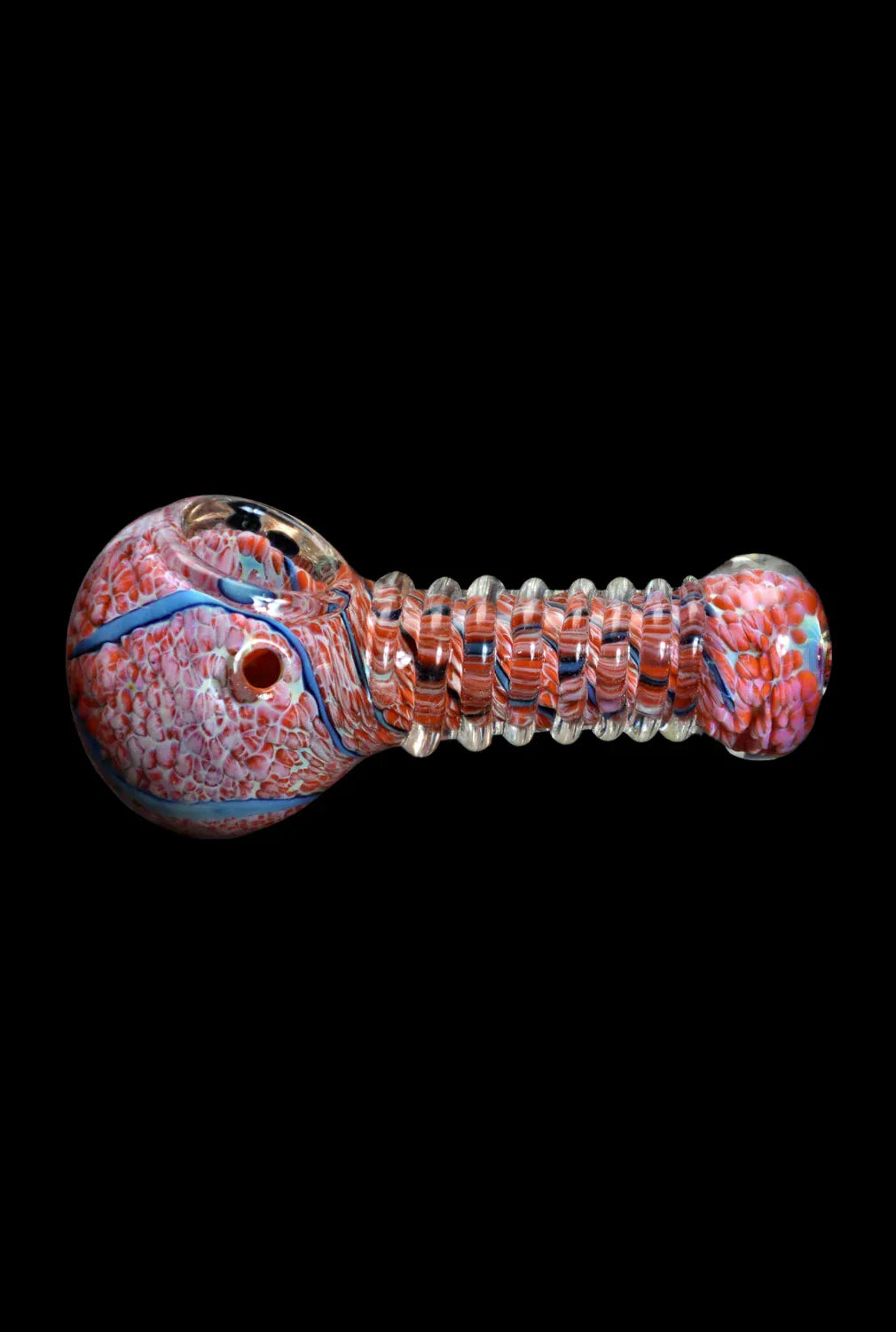 Horizontal close-up of the DHC Twisty Wrap Spoon Pipe - 5in. showing its ribbed, twisted glass stem and speckled pink bowl against a black background