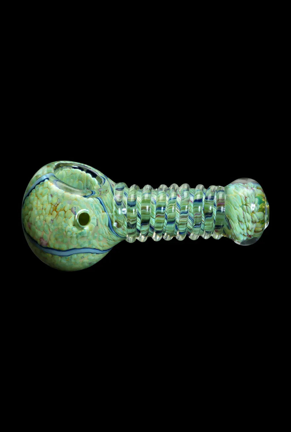 Side view of the DHC Twisty Wrap Spoon Pipe - 5in. showing a pale green, textured glass bowl and ribbed twisted stem against a black background