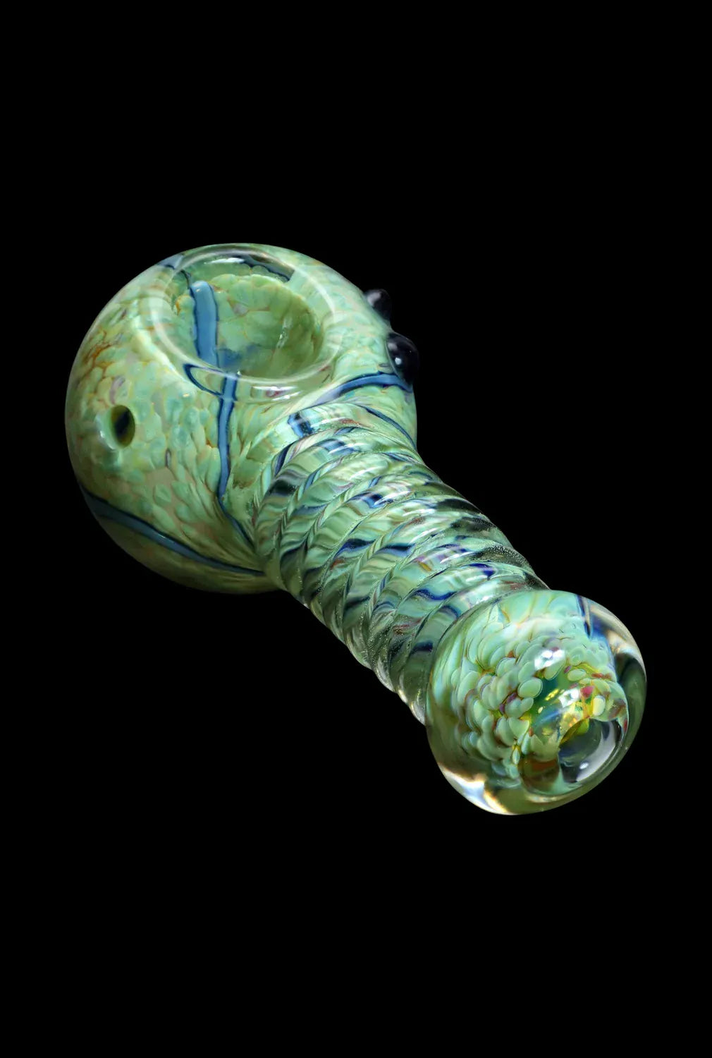 Angled close-up of a green glass DHC Twisty Wrap Spoon Pipe - 5in. showing textured twisted stem and rounded bowl against black