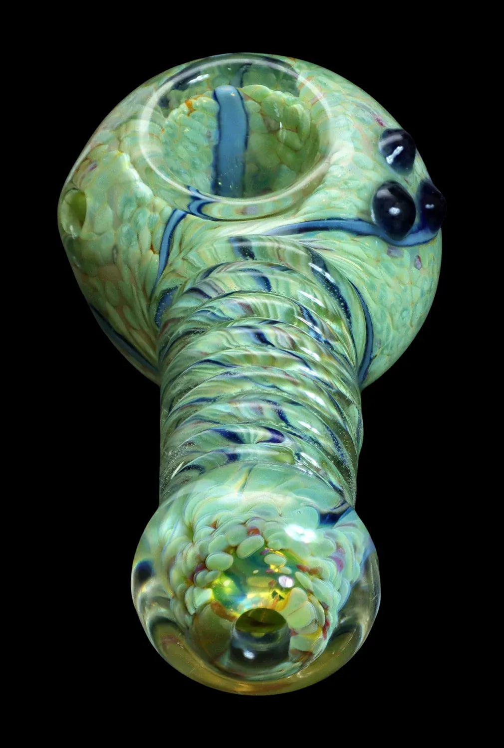 Close-up top-down view of the DHC Twisty Wrap Spoon Pipe - 5in., showing a green swirled glass bowl and ribbed stem against a black background