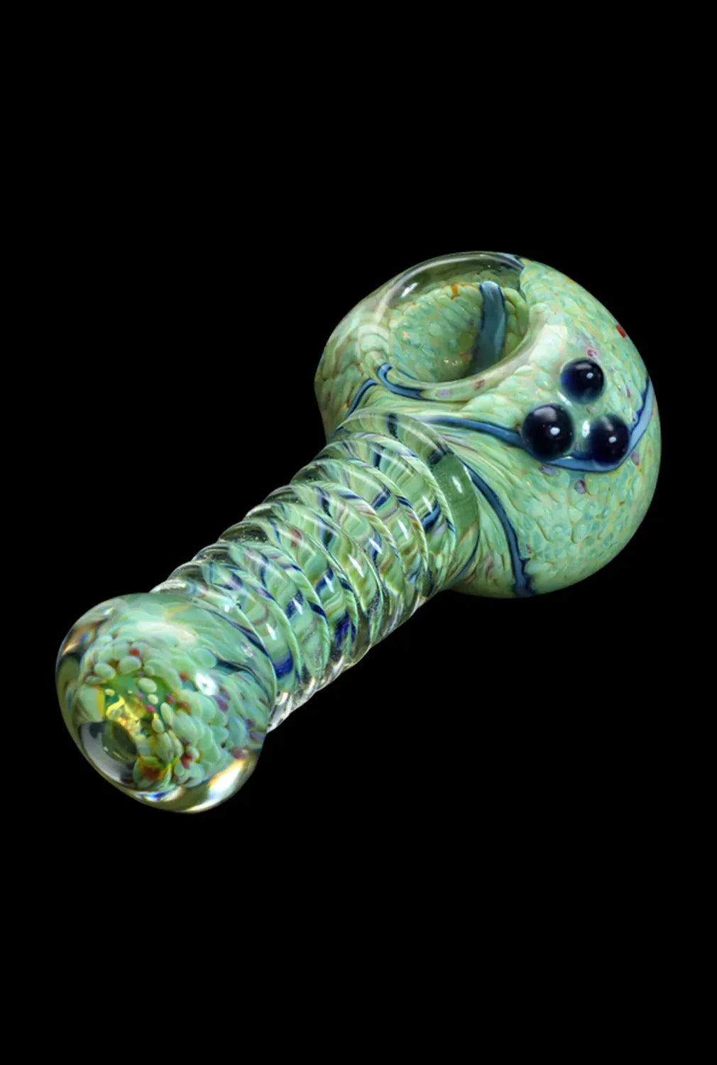 Angled close-up of the green glass DHC Twisty Wrap Spoon Pipe - 5in. showing its ribbed handle, textured bowl, and three raised marbles against a black background