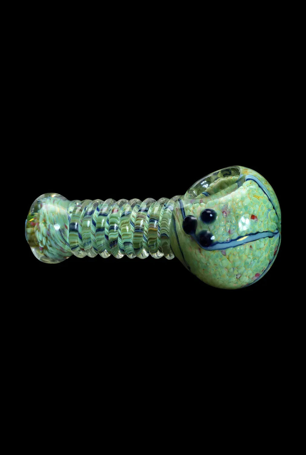 Side view of the DHC Twisty Wrap Spoon Pipe - 5in., a green glass spoon pipe with a ribbed translucent handle and mottled rounded bowl against a black background