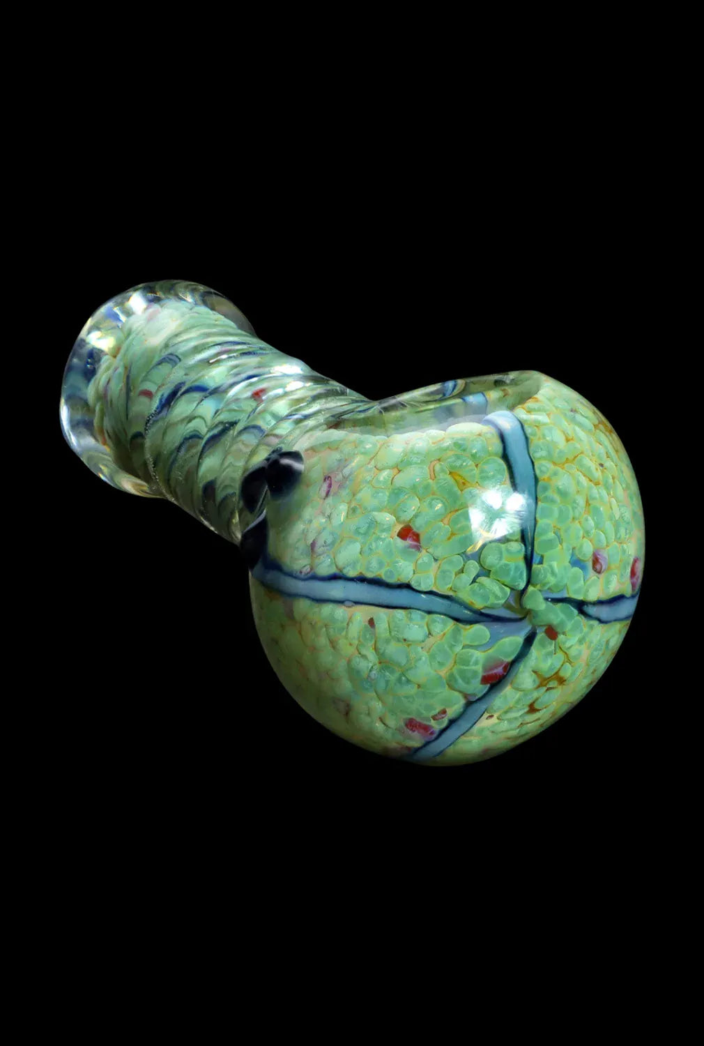 Angled close-up of the DHC Twisty Wrap Spoon Pipe - 5in. showing its green, textured bulb and twisted neck against a black background