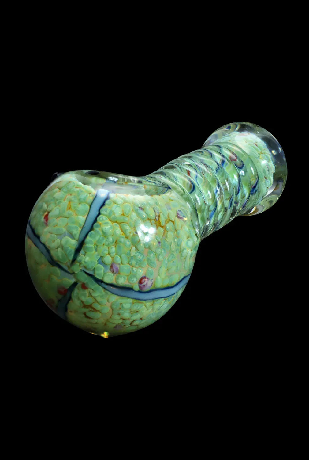 Angled close-up of the DHC Twisty Wrap Spoon Pipe - 5in. showing its bulbous green speckled bowl and twisted, ridged glass stem against a black background