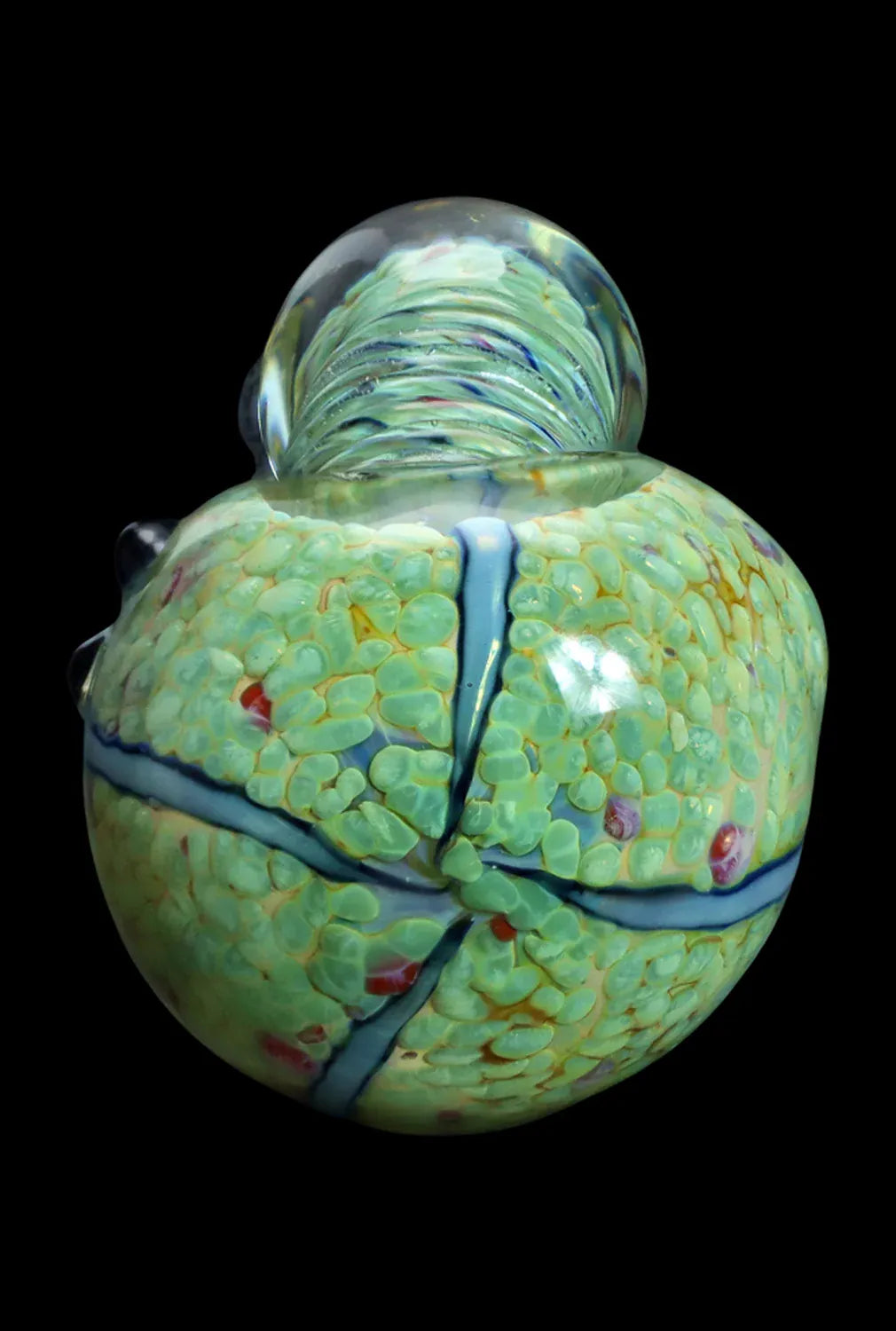 Top-down close-up of the iridescent, frost-blue DHC Twisty Wrap Spoon Pipe - 5in., showing textured green scales and a spiraled mouthpiece against a black background
