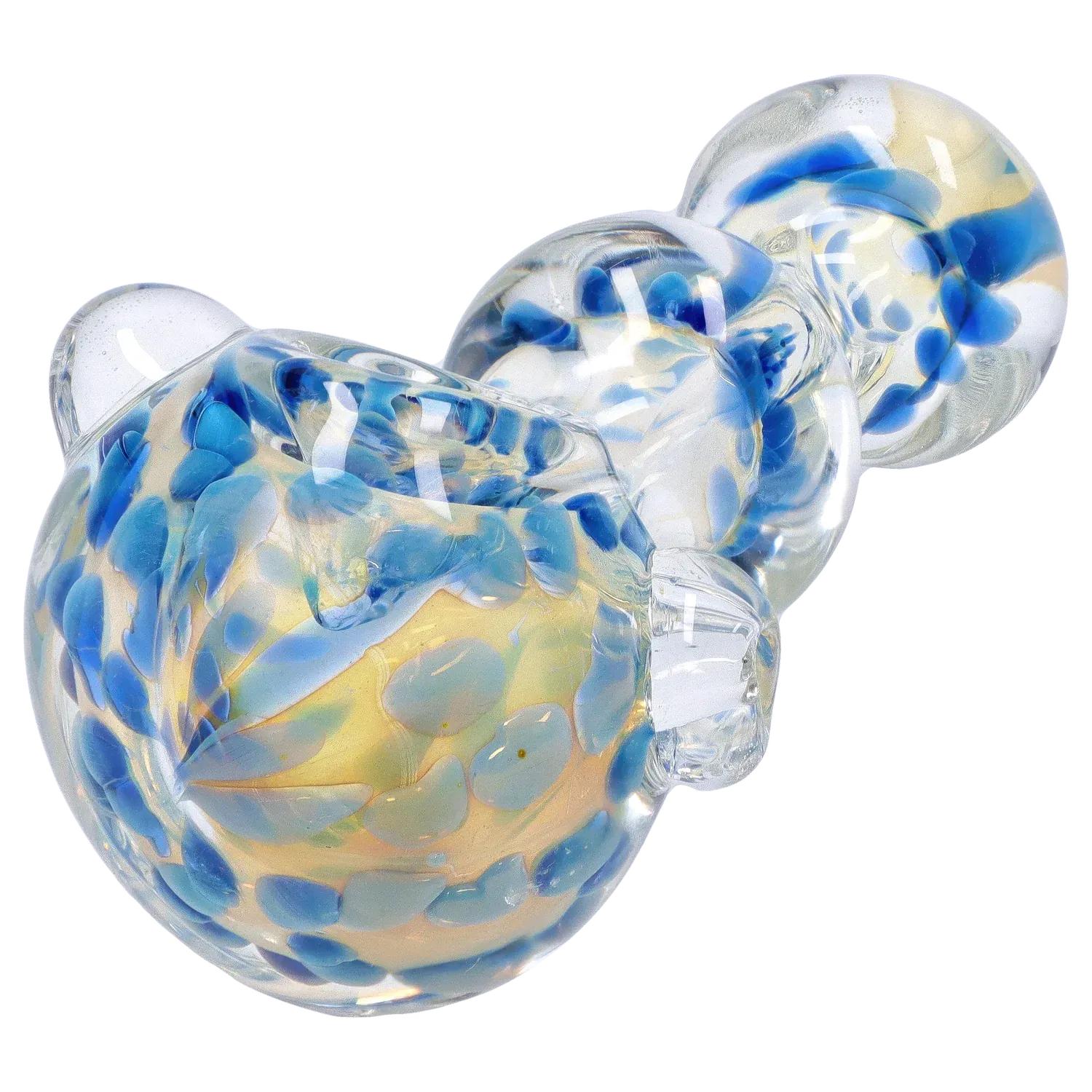 Angled close-up of the DHC Fume Wrap Spoon Pipe - 4.5 in. showing clear glass with swirls of blue and gold fumed patterns.