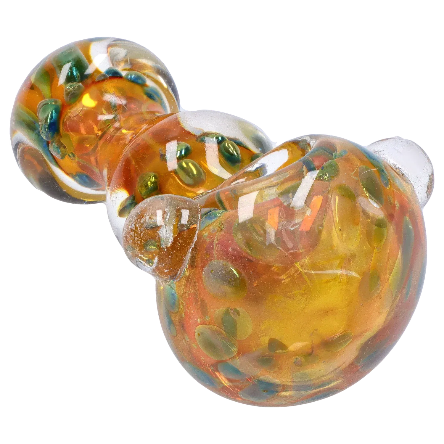 Angled close-up of the DHC Fume Wrap Spoon Pipe - 4.5 in. showing amber glass with green and blue fumed dots and glossy reflections.