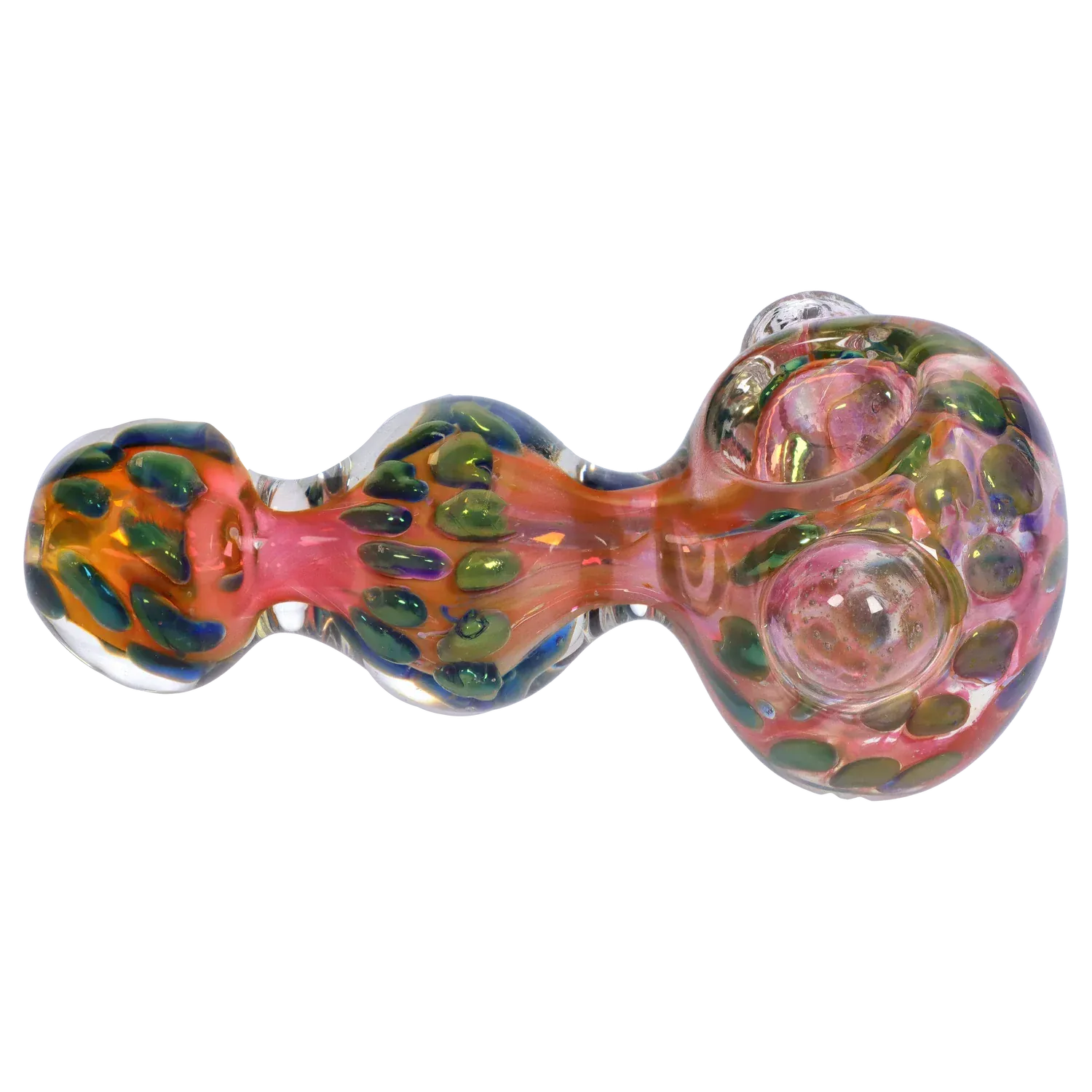 Angled close-up of a pink-and-orange DHC Fume Wrap Spoon Pipe - 4.5 in. with green teardrop dots and glossy glass bubbles.