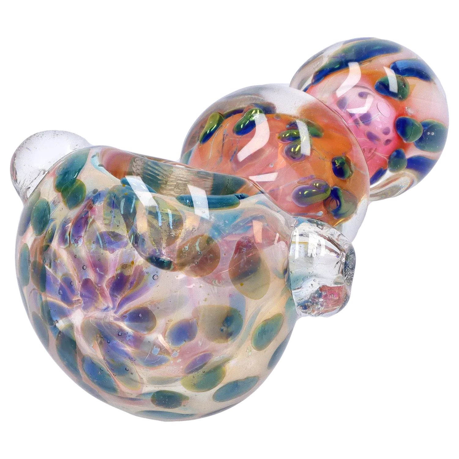 Close-up angled view of the DHC Fume Wrap Spoon Pipe - 4.5 in. showing iridescent pink and blue fumed glass with raised green-blue dots and reflective highlights