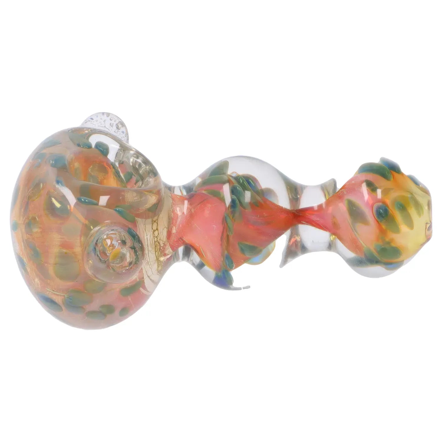 Side view of the DHC Fume Wrap Spoon Pipe - 4.5 in. showing a clear glass body with swirled orange, green and gold fume patterns and rounded bulb ends