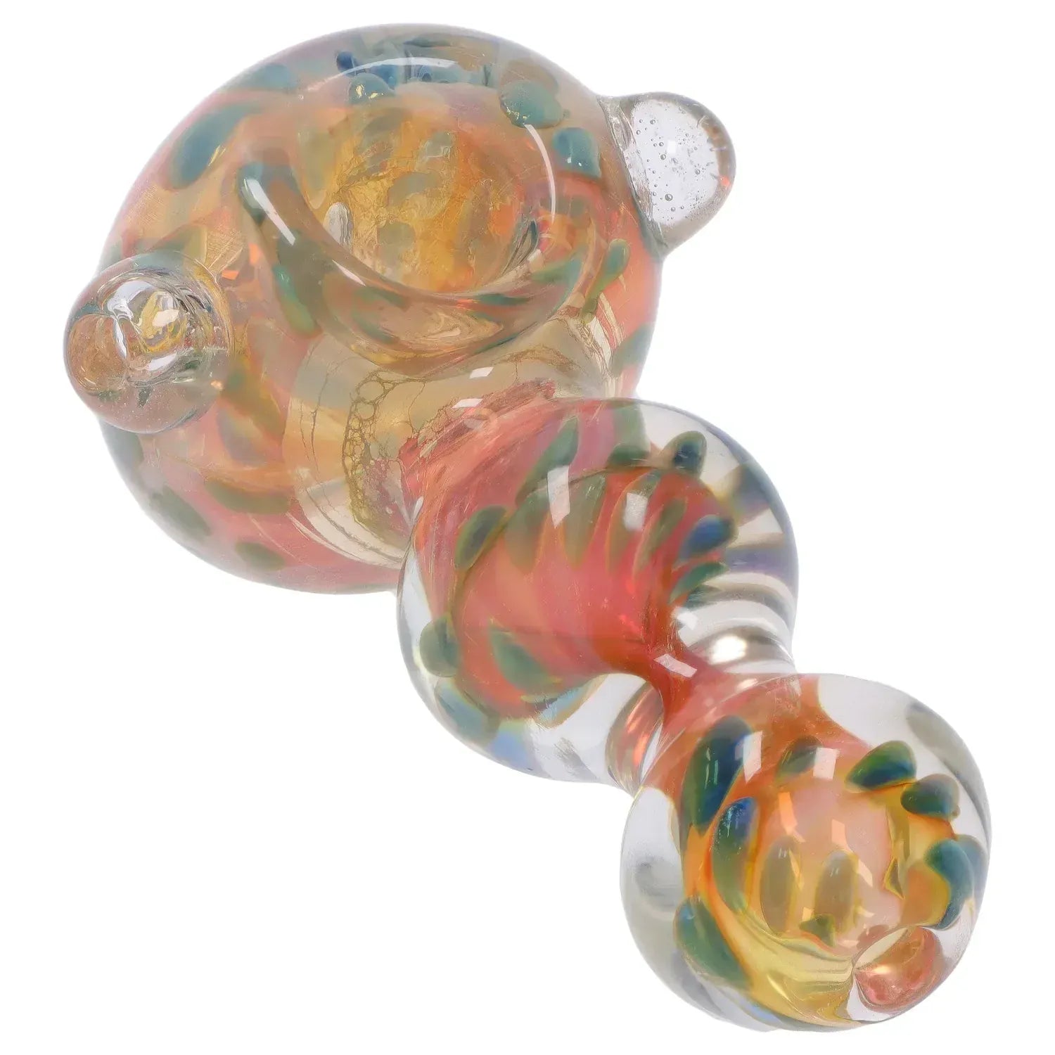 Angled close-up of the colorful glass bowl and twisted body of the DHC Fume Wrap Spoon Pipe - 4.5 in., showing iridescent orange, green, and gold swirls against a white background