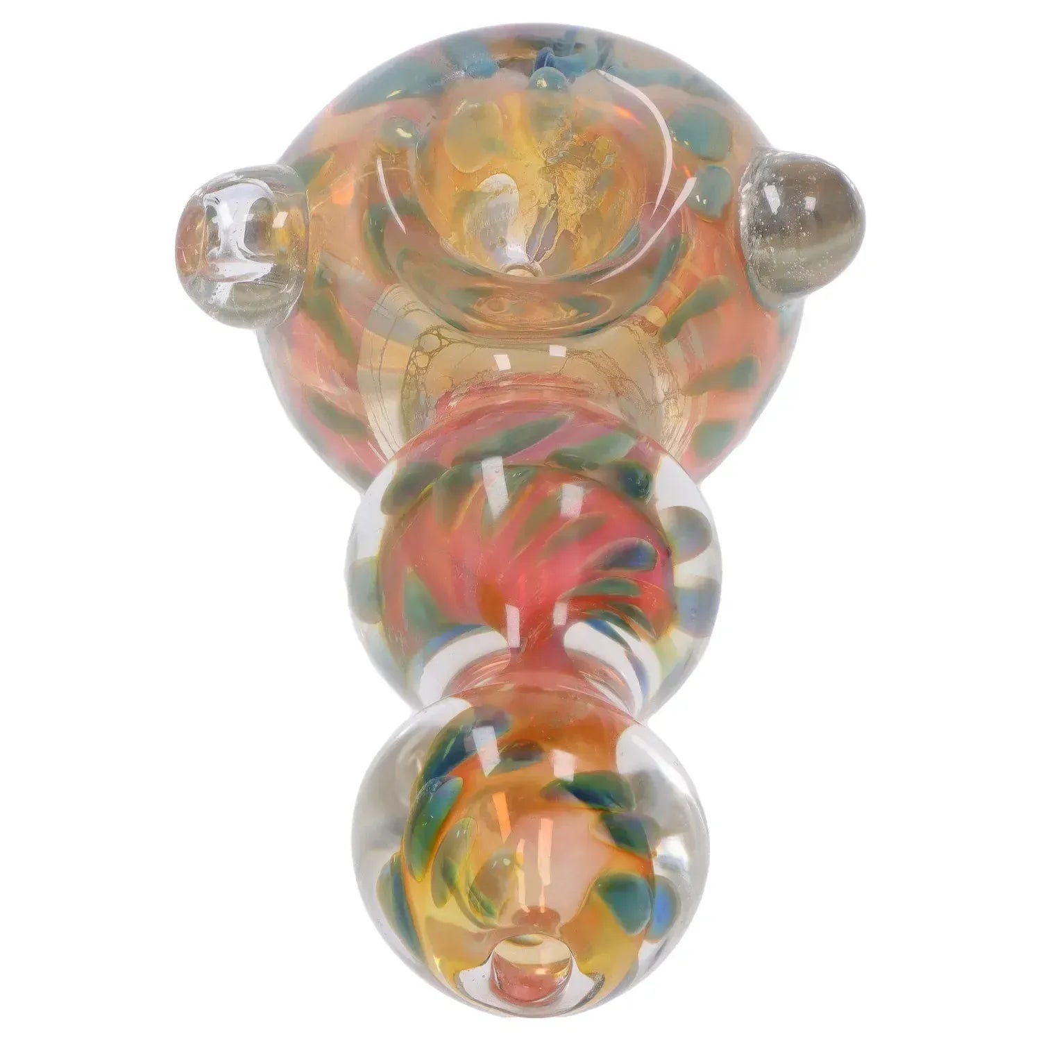 Top-down close-up of the colorful glass bowl and ribbed body of the DHC Fume Wrap Spoon Pipe - 4.5 in., showing swirled orange, green, and blue fume accents.