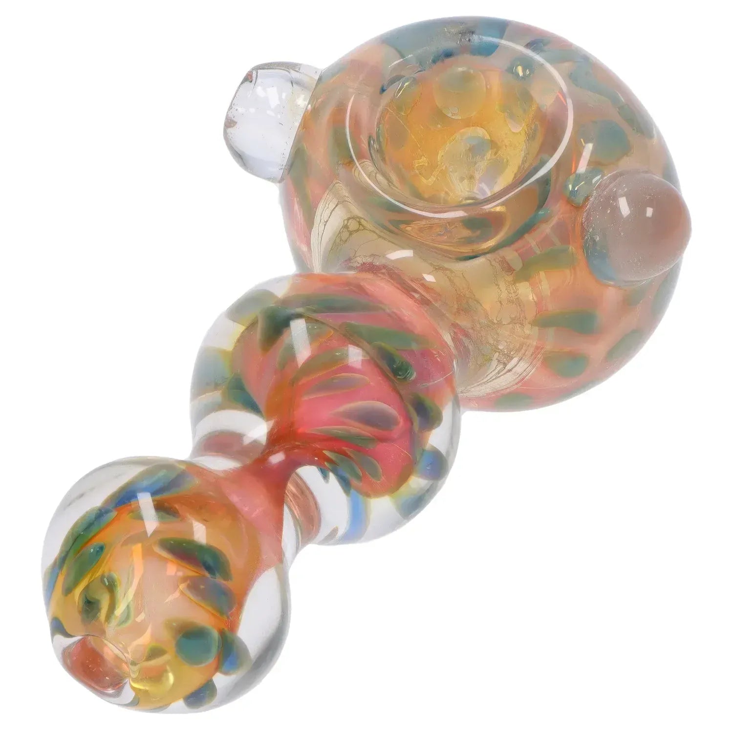 Angled close-up of the DHC Fume Wrap Spoon Pipe - 4.5 in. showing its twisted glass neck, rounded bowl, and orange-pink fumed color swirls.