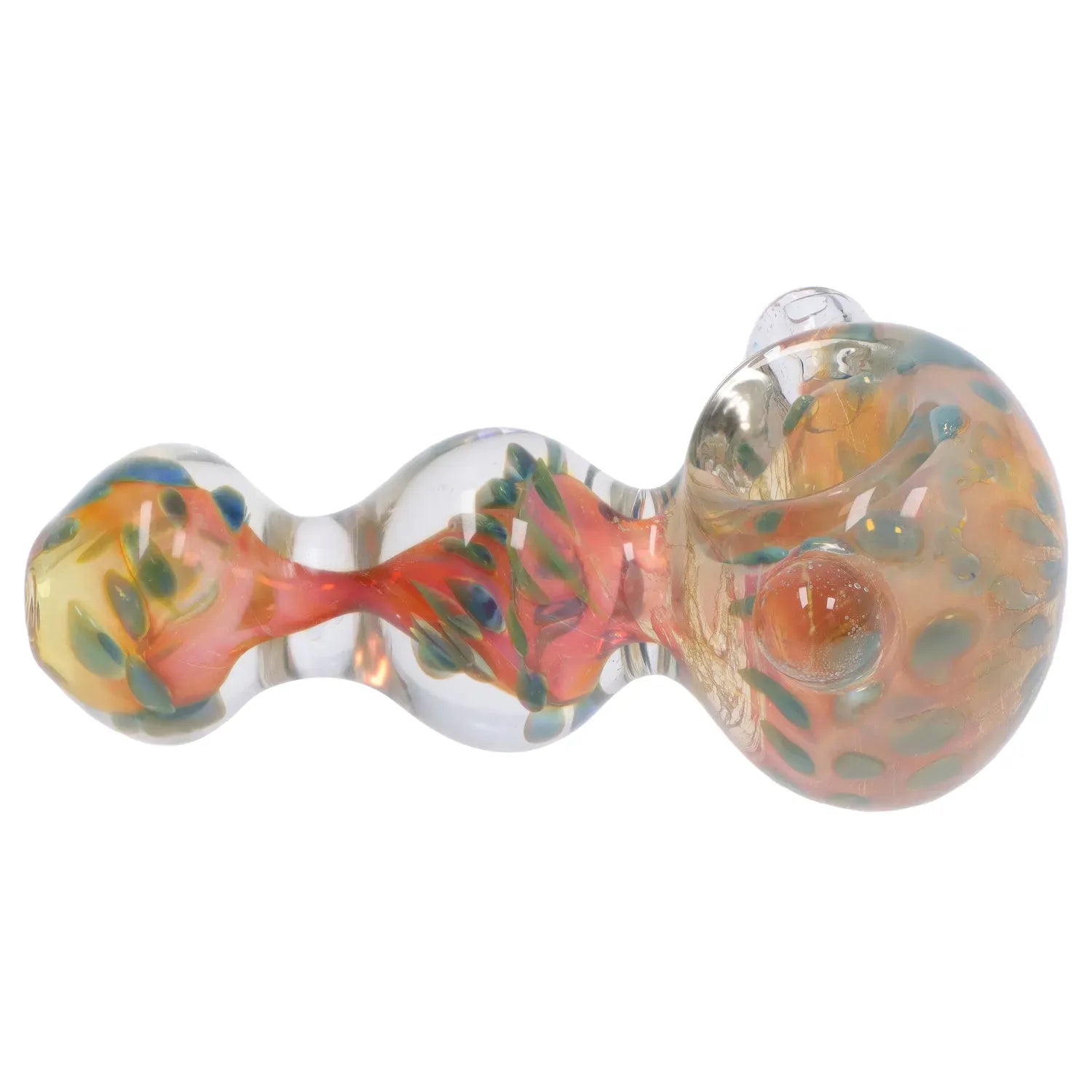 Side view of the DHC Fume Wrap Spoon Pipe - 4.5 in. showing a clear glass body with orange fuming, green leaf-like dots, and rounded bubbled contours on a white background