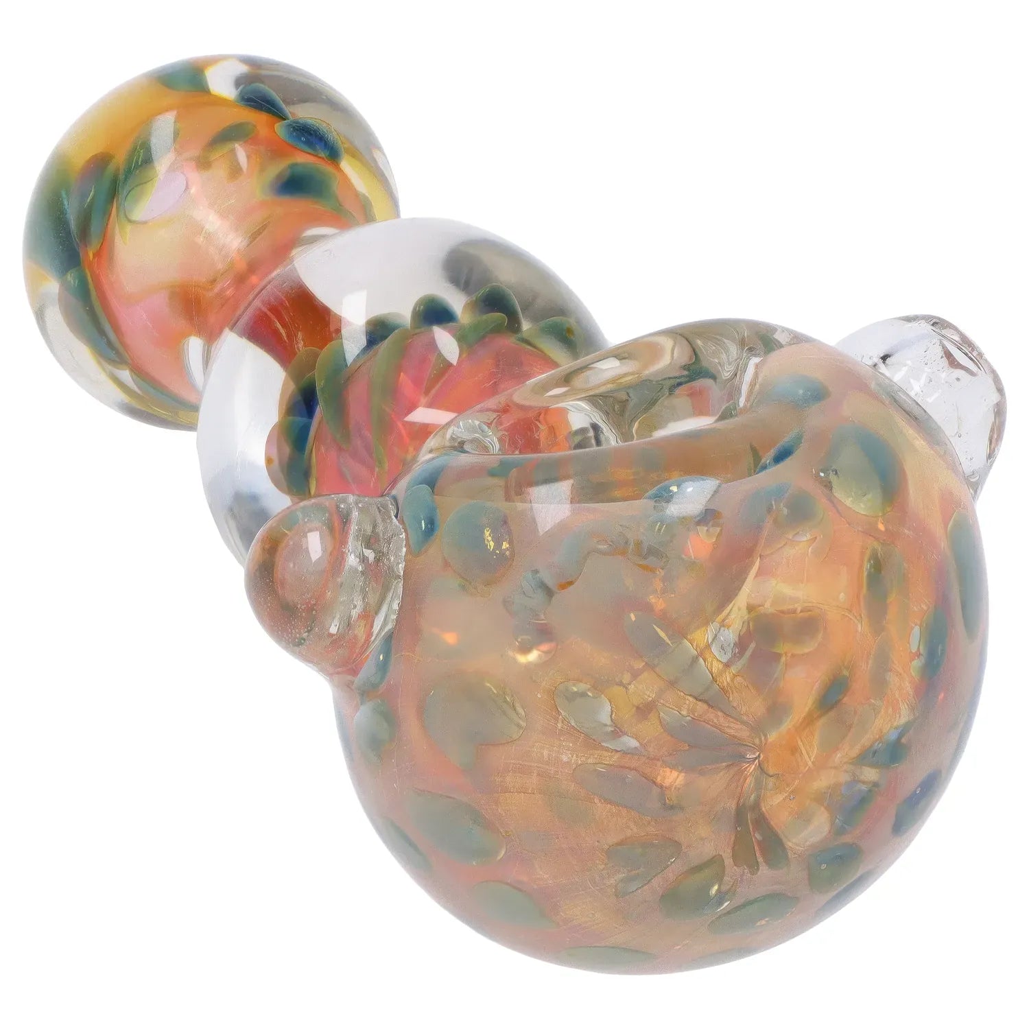 Angled close-up of the DHC Fume Wrap Spoon Pipe - 4.5 in. showing iridescent swirls of orange, green, and blue within clear glass.