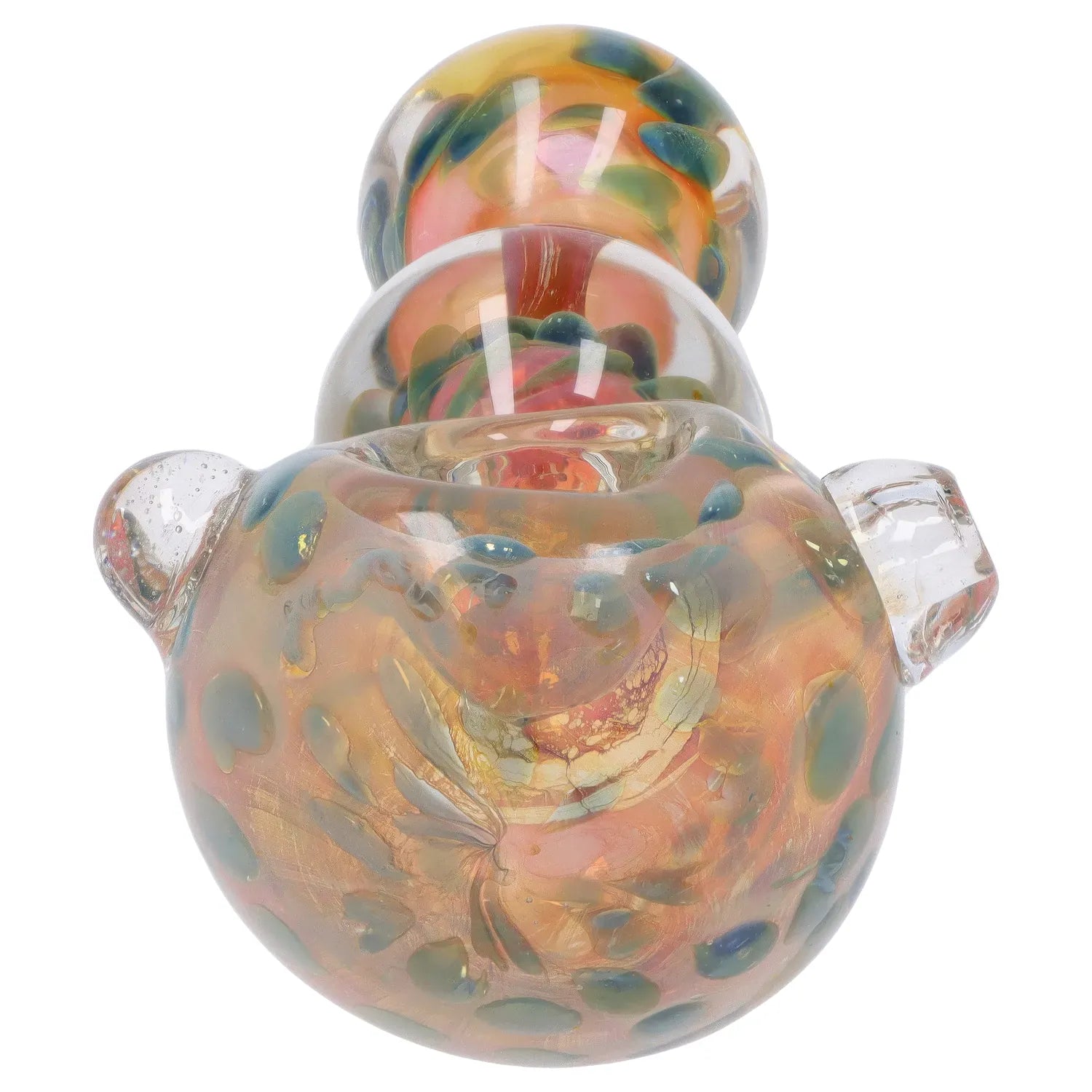 Close-up top view of the iridescent, swirled glass DHC Fume Wrap Spoon Pipe - 4.5 in., showing its rounded bowl and colorful dots.