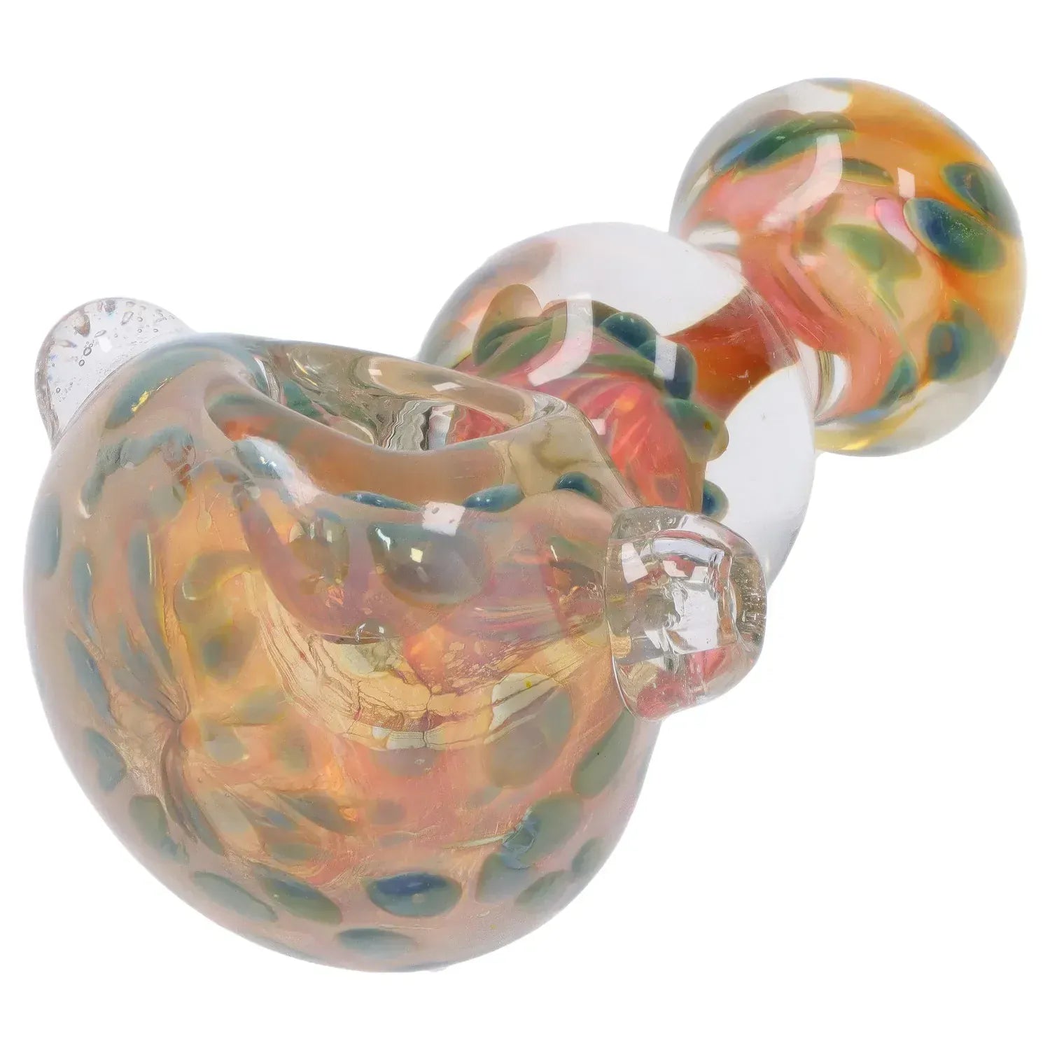 Close-up angled view of the DHC Fume Wrap Spoon Pipe - 4.5 in. showing its iridescent amber glass with greenish blue dots and a rounded bowl.
