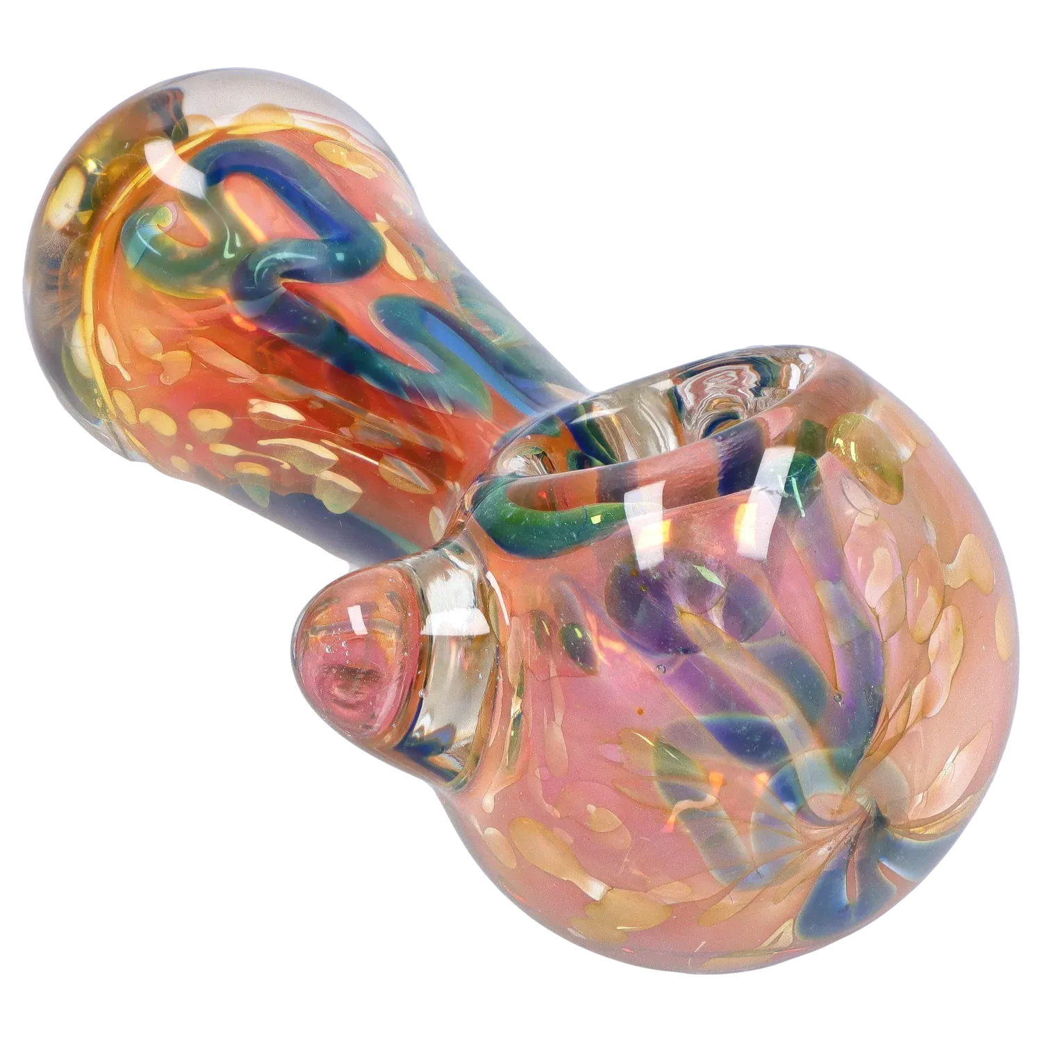 Angled close-up of a colorful glass DHC Frit Twisty Spoon Pipe - 4.5 in., showing iridescent swirls and bubbled texture.