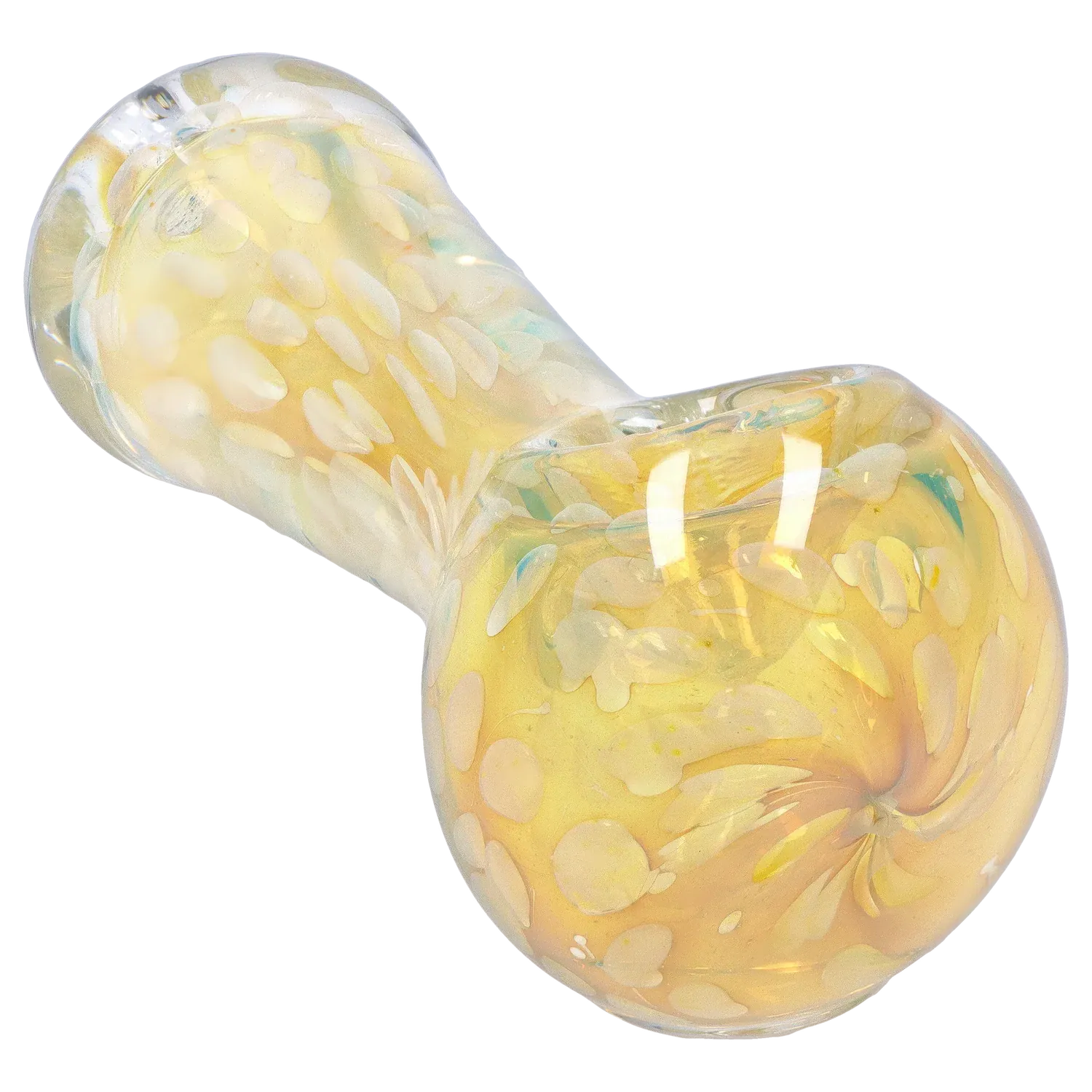 Angled close-up of the DHC Frit Twisty Spoon Pipe - 4.5 in. showing a yellow, swirled glass bowl and textured frit pattern under bright studio lighting