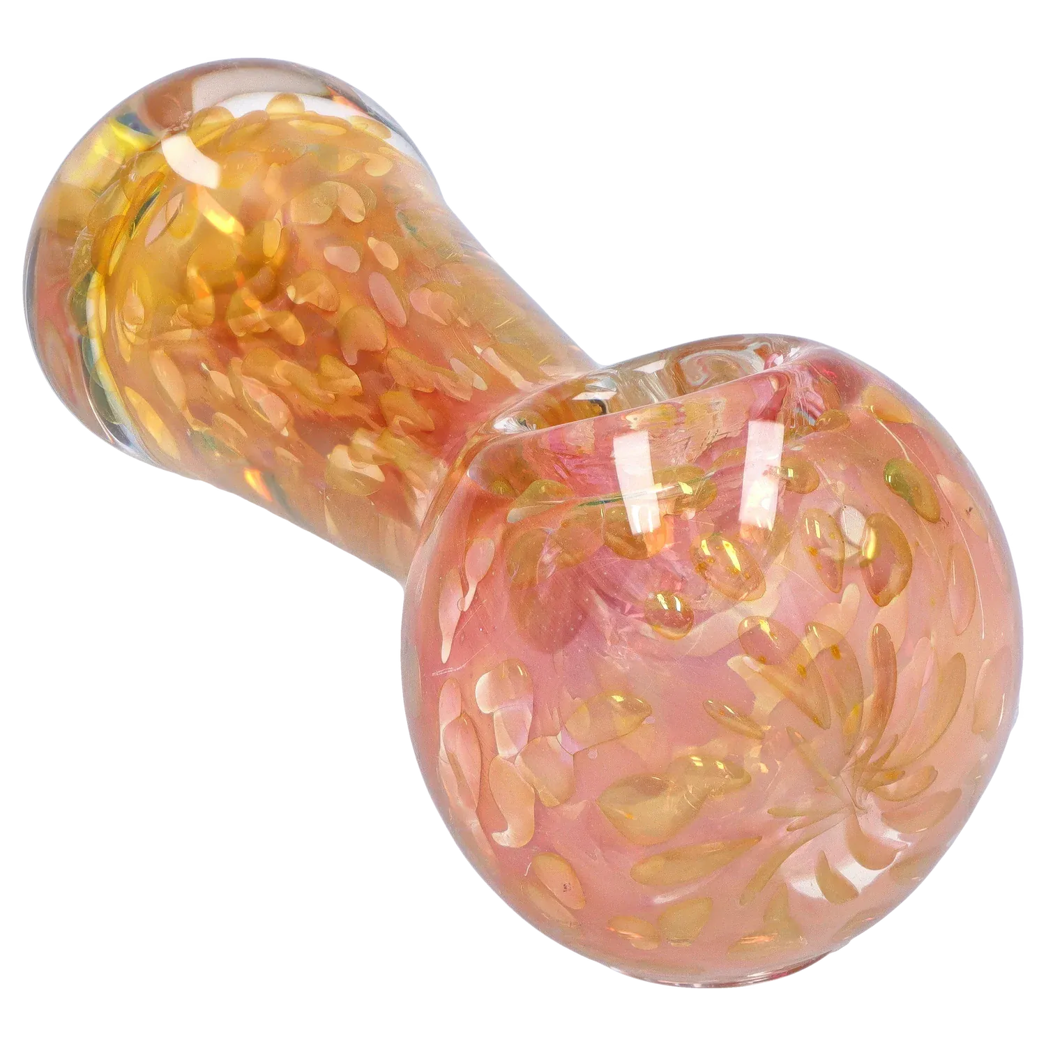 Close-up angled view of a pink and gold speckled glass DHC Frit Twisty Spoon Pipe - 4.5 in., showing the rounded bowl and glossy finish.