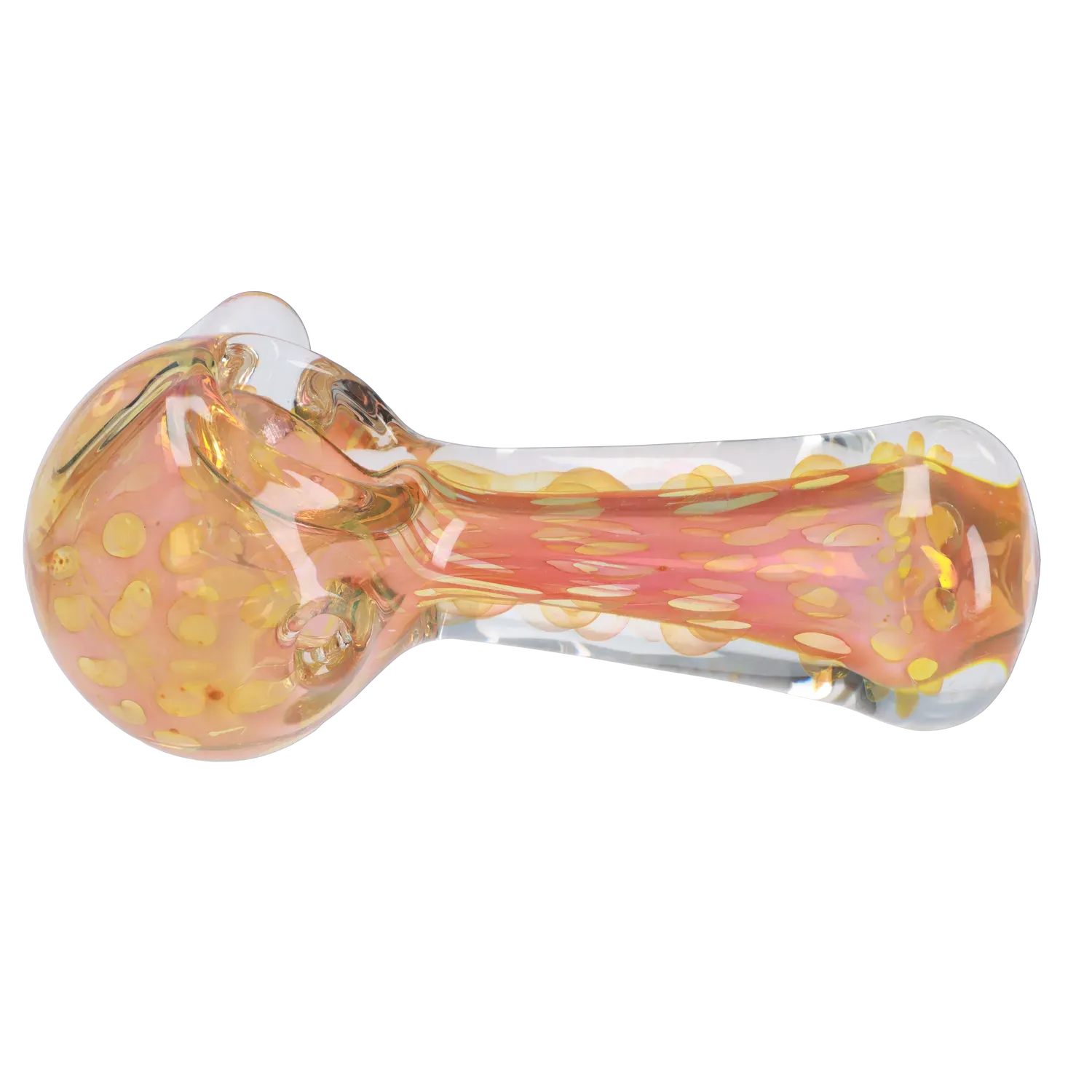 Top-down view of the DHC Frit Twisty Spoon Pipe - 4.5 in. showing a clear glass spoon with pink-orange inner frit and scattered yellow dots.