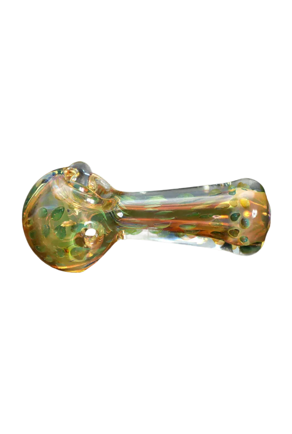 Side view of the DHC Frit Twisty Spoon Pipe - 4.5 in. showing its iridescent glass body with green frit dots and a rounded bowl against a black background