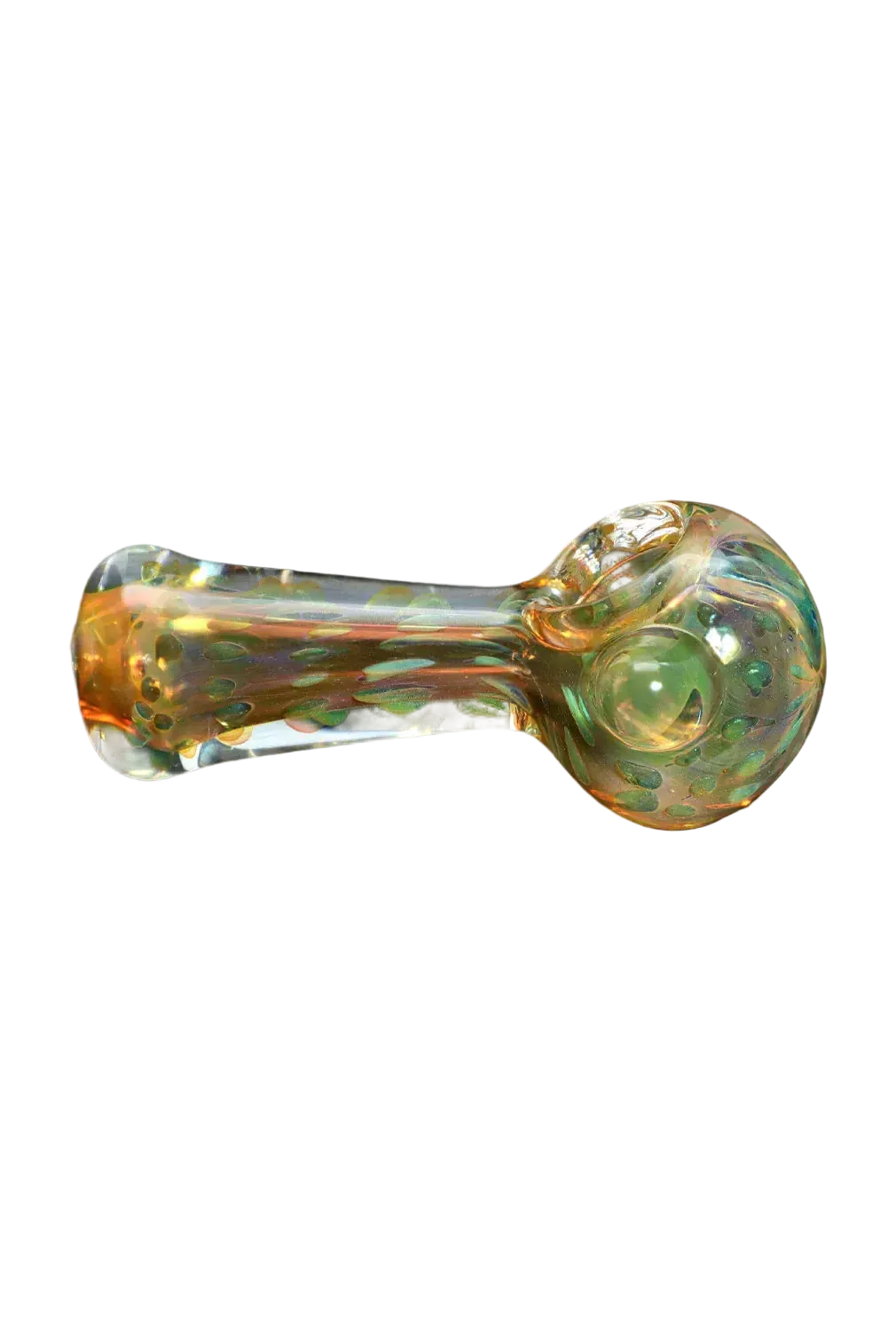 Side view of the DHC Frit Twisty Spoon Pipe - 4.5 in. showing a blue-green iridescent glass body with a rounded bowl and textured frit pattern.