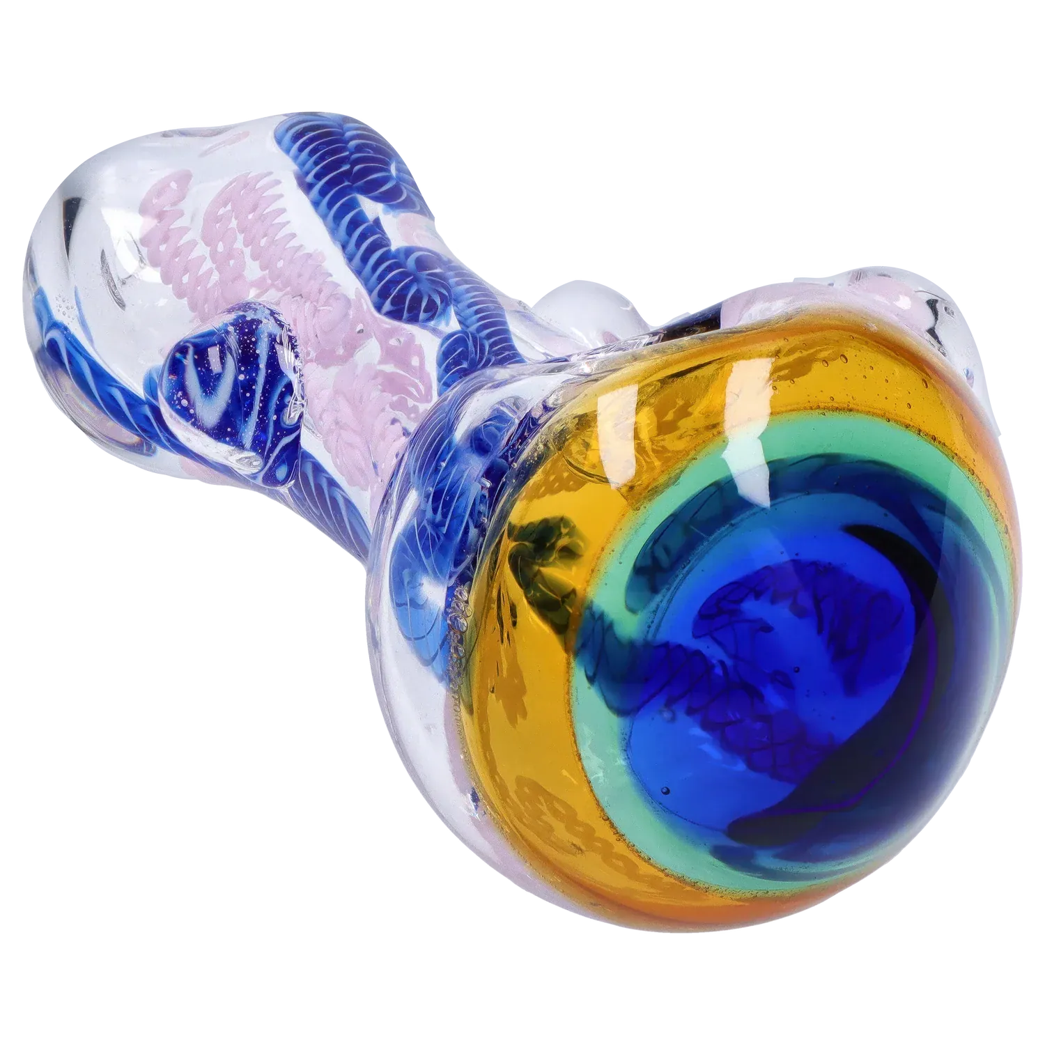 Close-up angled view of the DHC Mix Color Spoon - 4.5 in. showing the rounded amber and concentric blue-green bowl with swirled blue and pink glass accents along the clear handle.