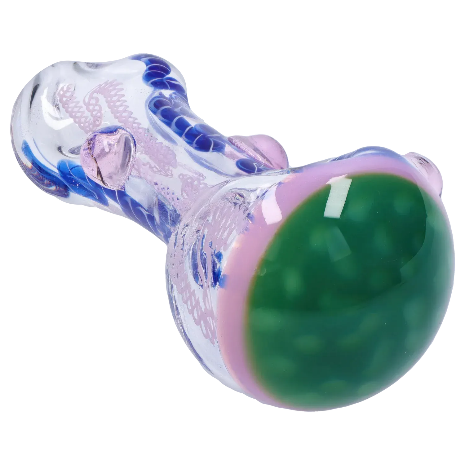 Angled close-up of the DHC Mix Color Spoon - 4.5 in. showing a clear glass body with blue twist filigree, pink accents, and a rounded green bowl.