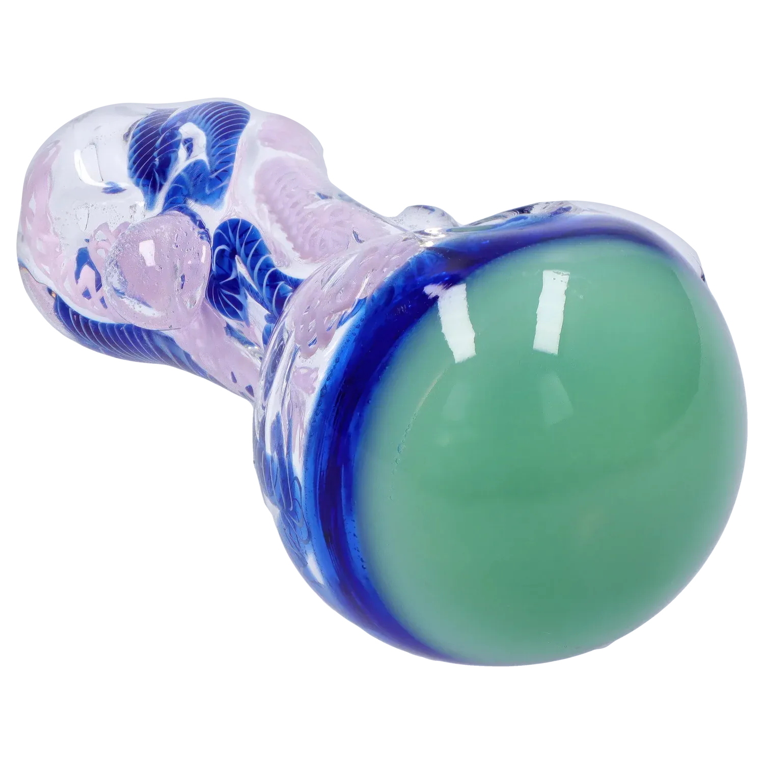 Close-up angled view of the DHC Mix Color Spoon - 4.5 in. showing a rounded green bowl rimmed in cobalt blue and a twisted blue-and-pink glass handle.