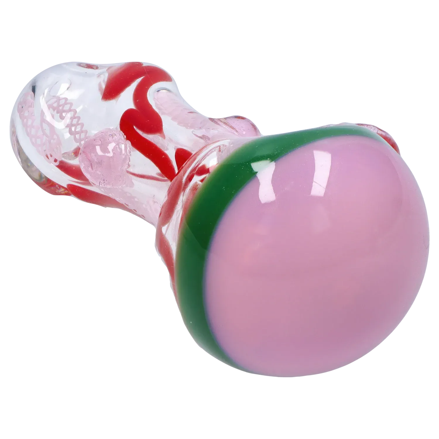 Close-up angled view of the DHC Mix Color Spoon - 4.5 in. showing a pink rounded bowl rim with green trim and clear glass stem with red swirls.
