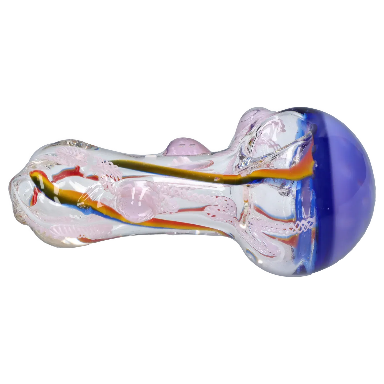 Side view of the DHC Mix Color Spoon - 4.5 in. showing a clear glass spoon with a cobalt-blue rounded end and internal twisted yellow and red cane accents.
