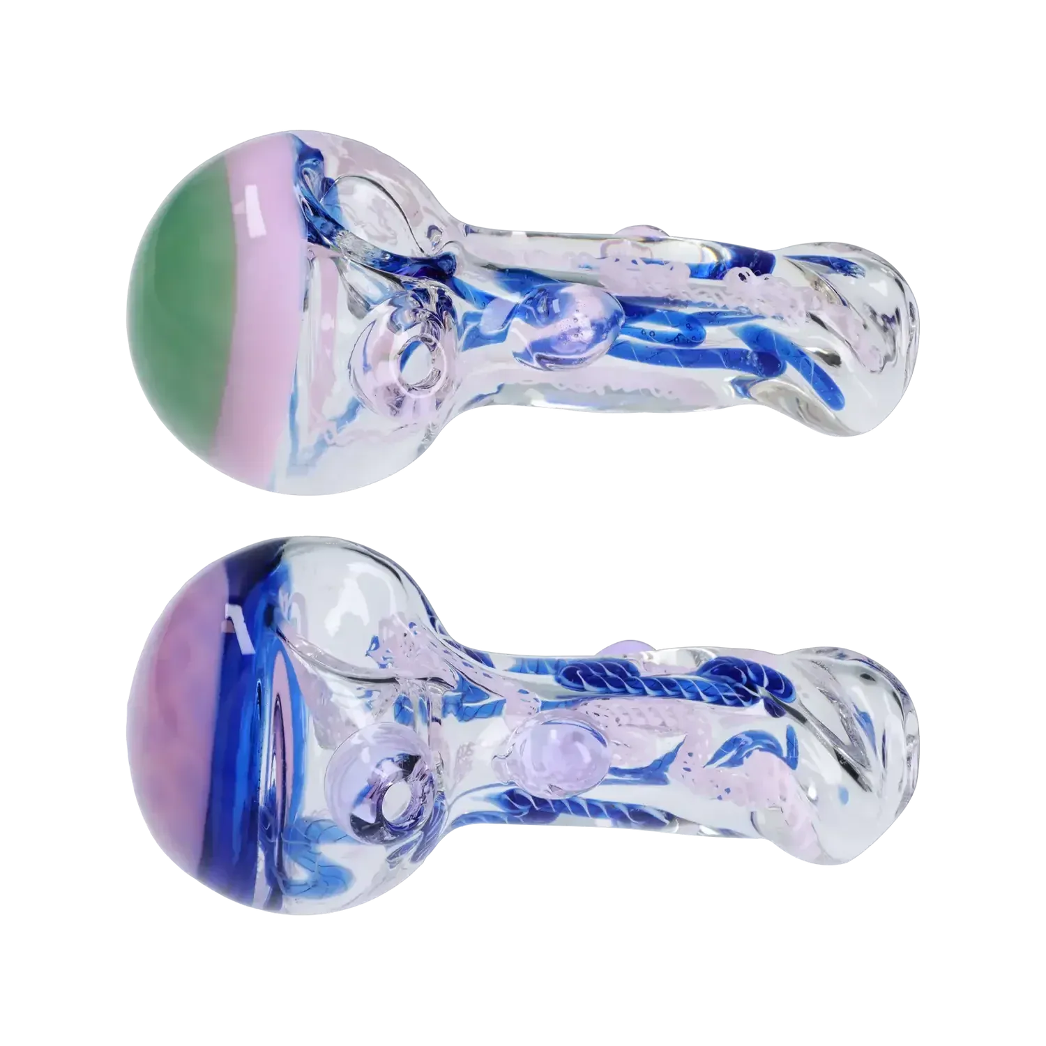 Top-down view of the DHC Mix Color Spoon - 4.5 in. showing a clear glass spoon with swirled blue ribbons and a rounded bowl with purple and green banding.